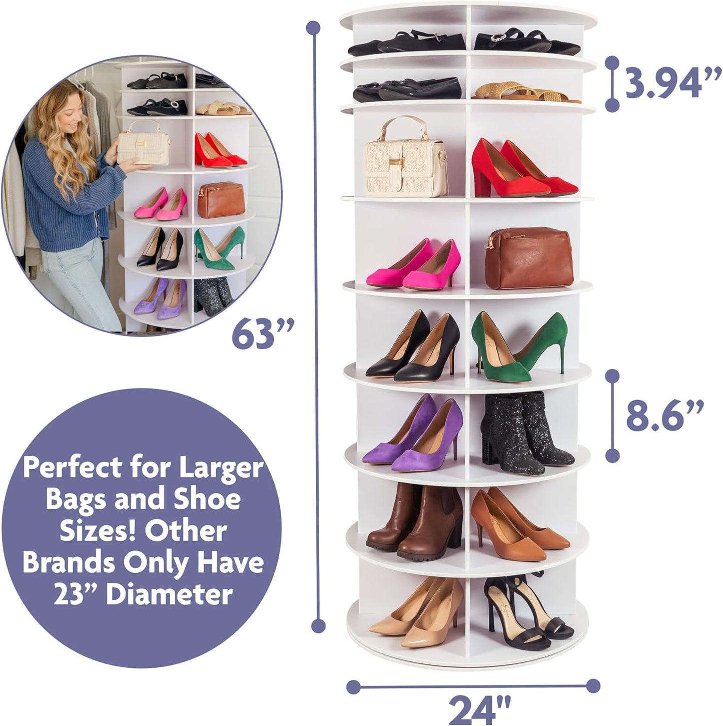 Rotating Shoe Rack Tower 360-32 Pair, 8 tiers, Reachable Spinning Shoe Rack Tower. Rotating Storage Tower, Bookshelf, handbag holder (8 Tier Standard Size) 5ft, 3in.