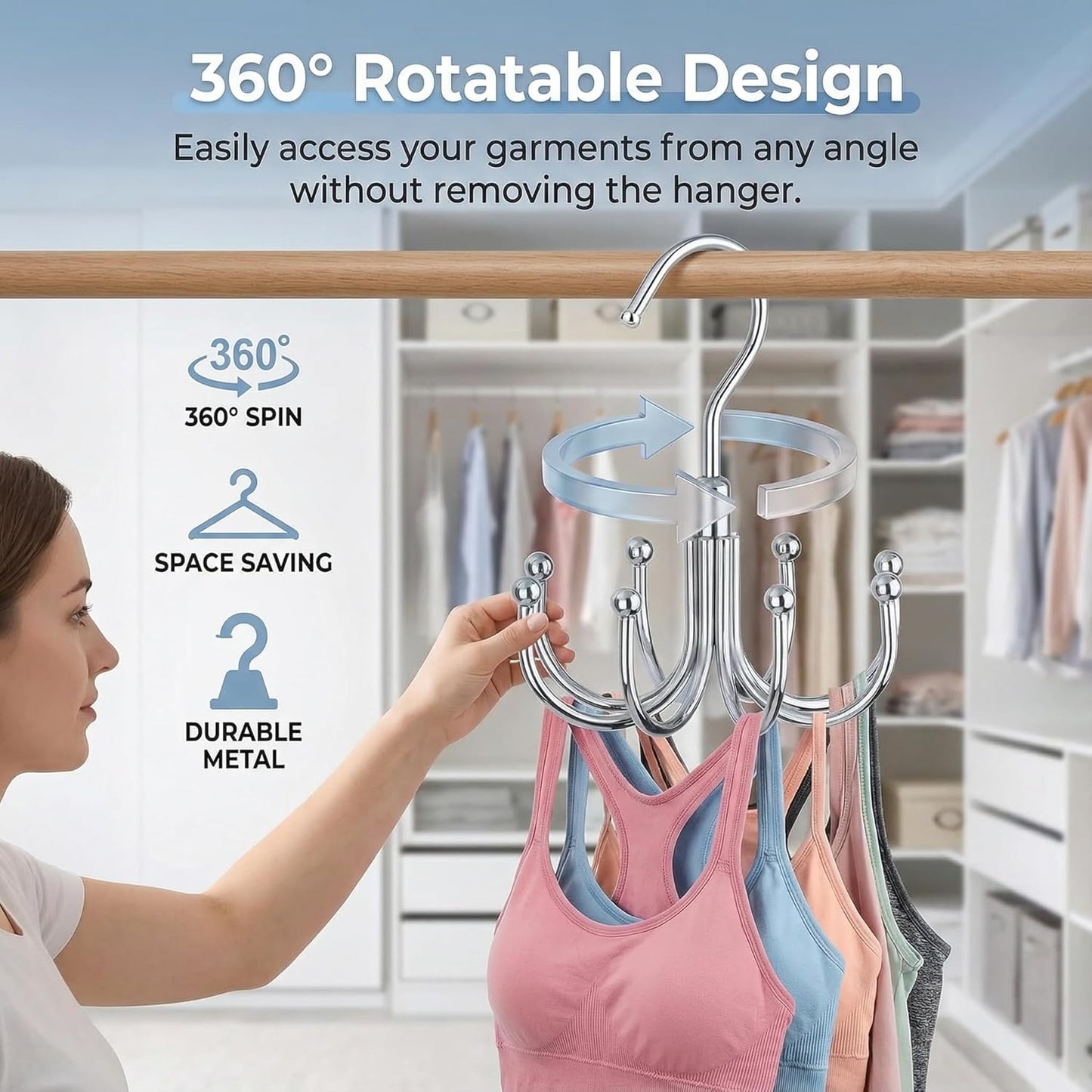 Rotatable Belt Hanger & Bra Organizer for Closet, 2 Pack Space Saving Multi-Purpose Hanging Holder for Tank Tops, Ties, Scarves, Max 48 Storage Capacity Metal Closet Organizers, Silver