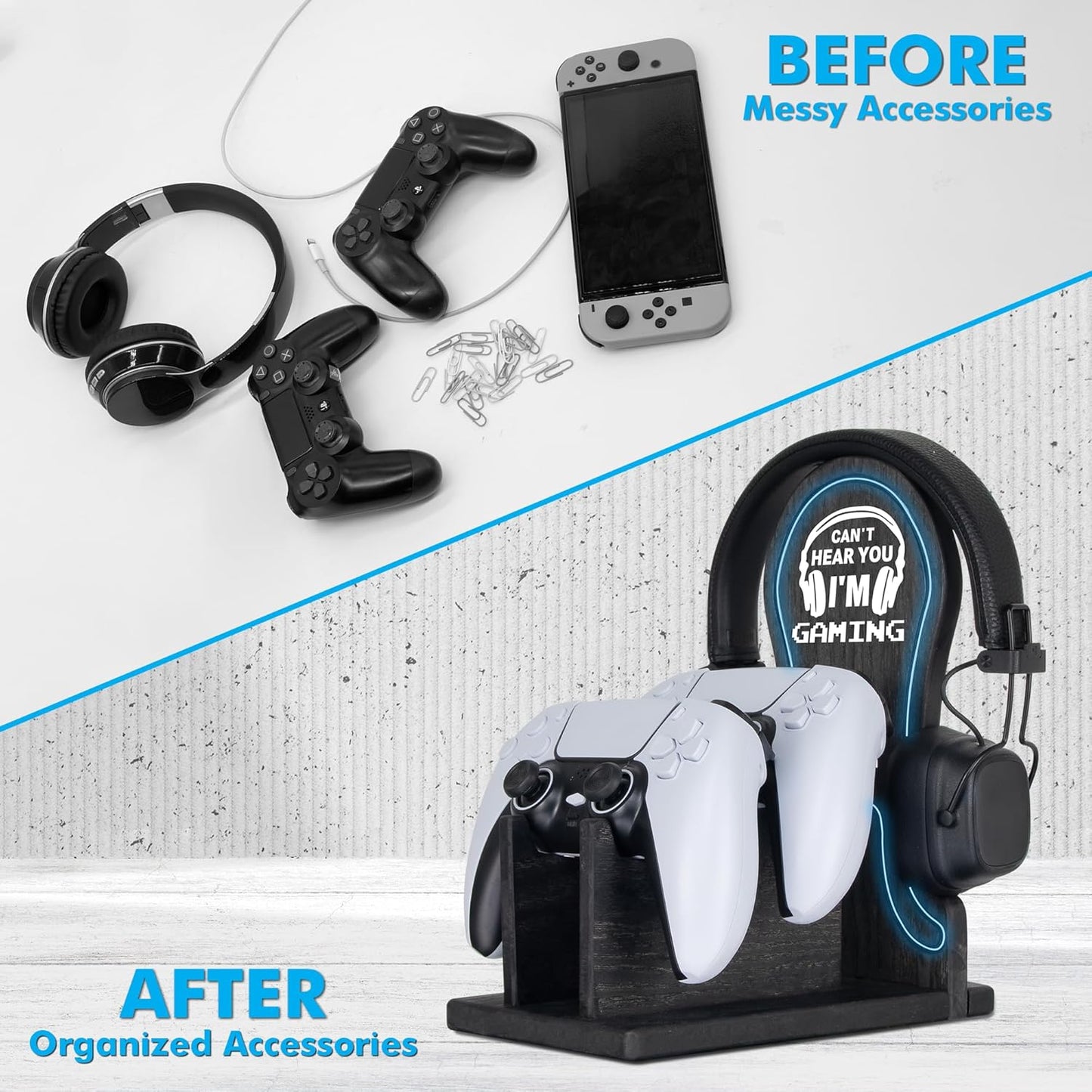 Gamer Gifts Light Up Controller Holder & Headphone Stand with Neon Light, Stylish Gaming Accessories Setup Controller Stand Headset Stands, Unique Gifts for Gamers to Organize Gaming Equipment