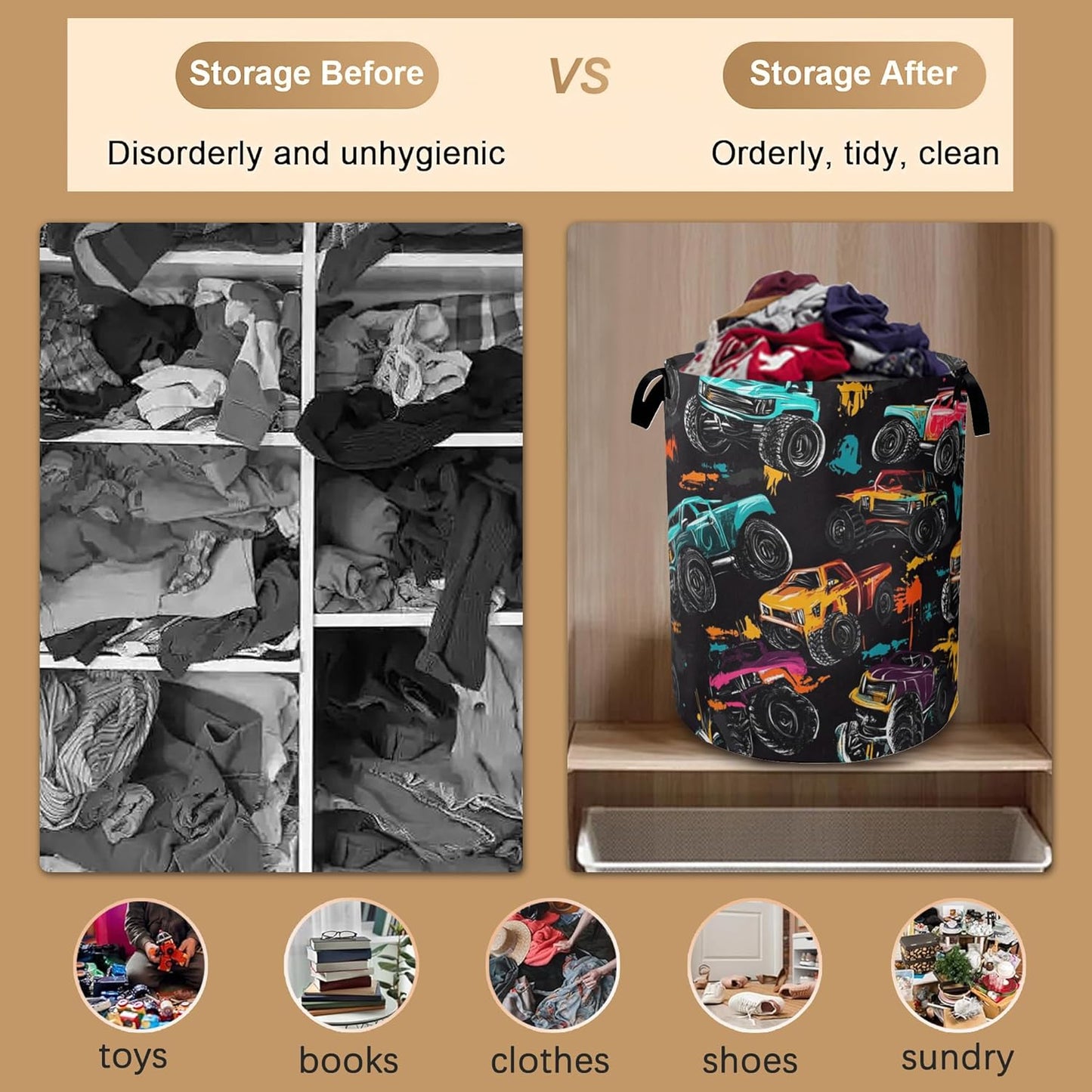 Laundry Hamper,Abstract Truck Laundry Basket,Waterproof Oxford Cloth Storage Basket with Handle for Clothes Books Nursery Home Storage Sundries 16"x20"