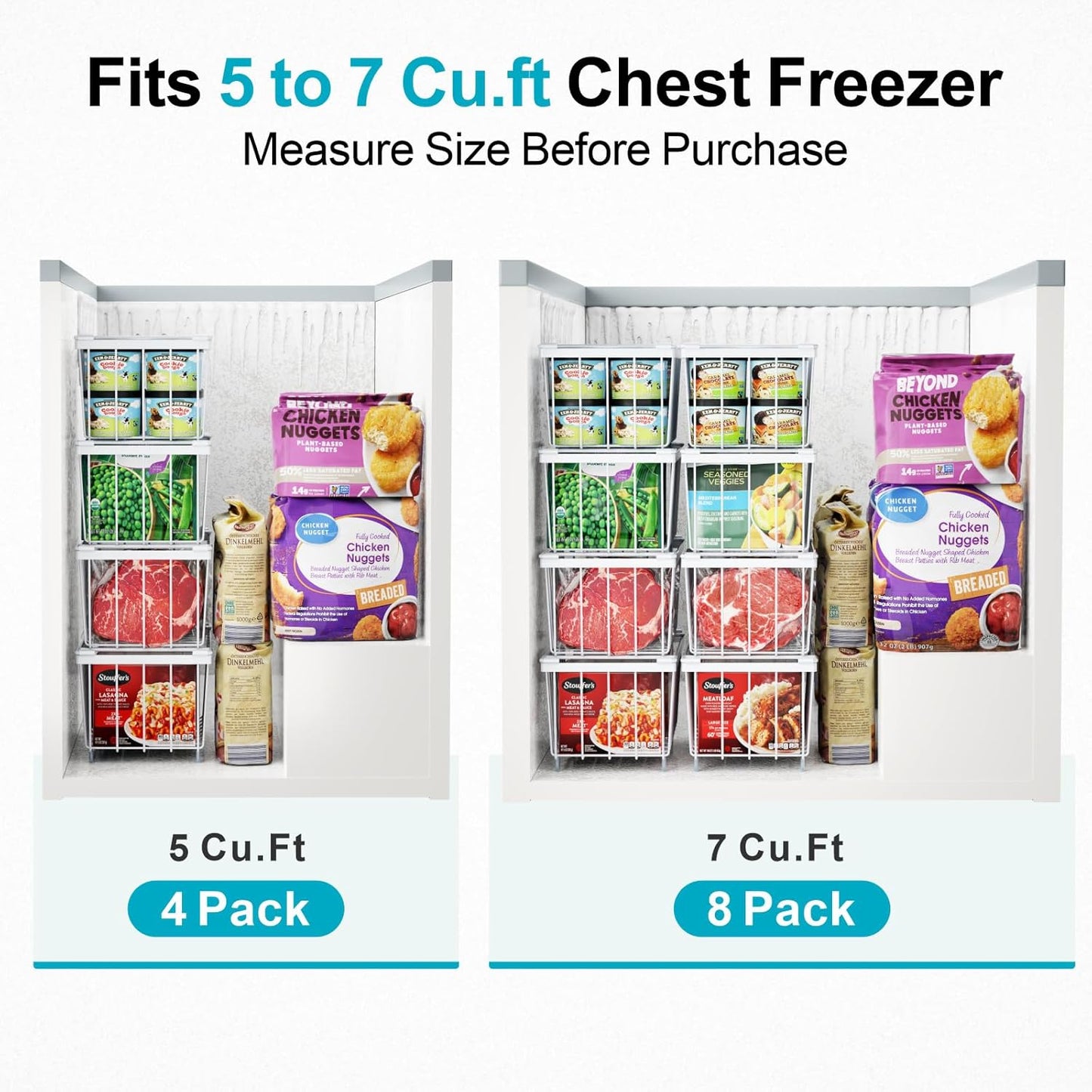 iSPECLE Deep Freezer Organizer Bins - 4 Pack Stackable Small Freezer Organizer Bins for 5 to 7 Cu.FT Small Chest Freezer Sort Frozen Food Easy to Get Food from Bottom without Digging in Freezer, White
