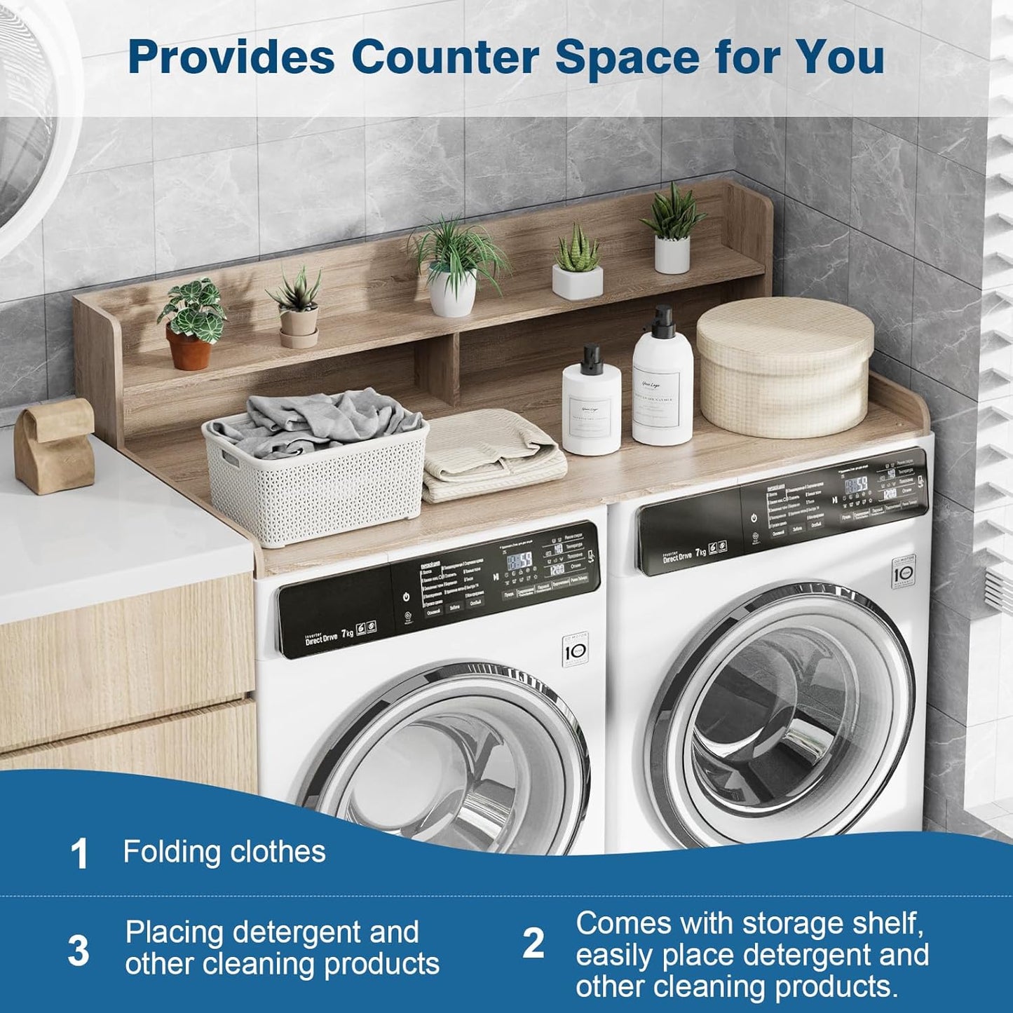 Washer Dryer Countertop with Shelf 27.5" W x 54" L x 12" H Laundry Room Countertop for Washer and Dryer with Edge Rails, Oak