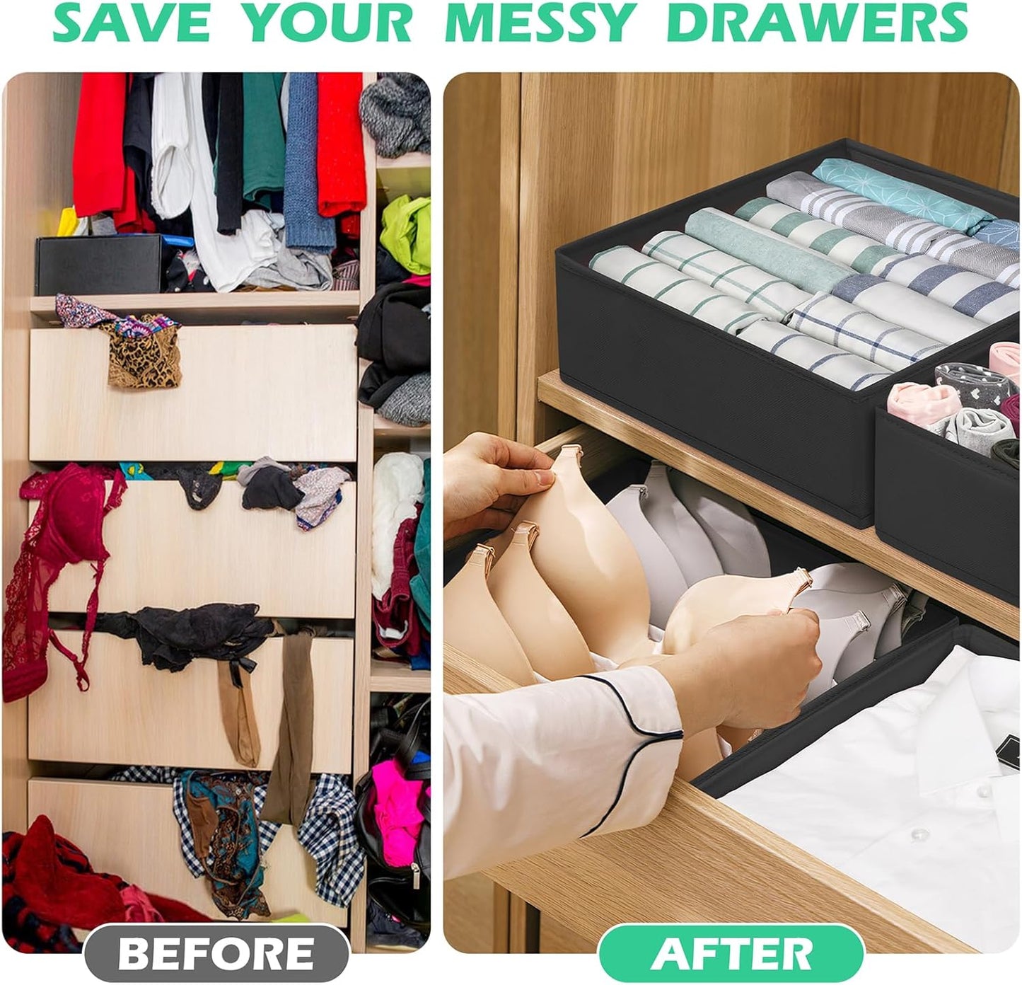 Drawer Clothes Organizer 16-Pack, Black 3 Sizes Underwear Drawer Dividers, Fabric Folding Wardrobe Organizer, Can Store Baby Clothes, Bras, Underwear, Panties, Belts, Socks, Ties, etc.