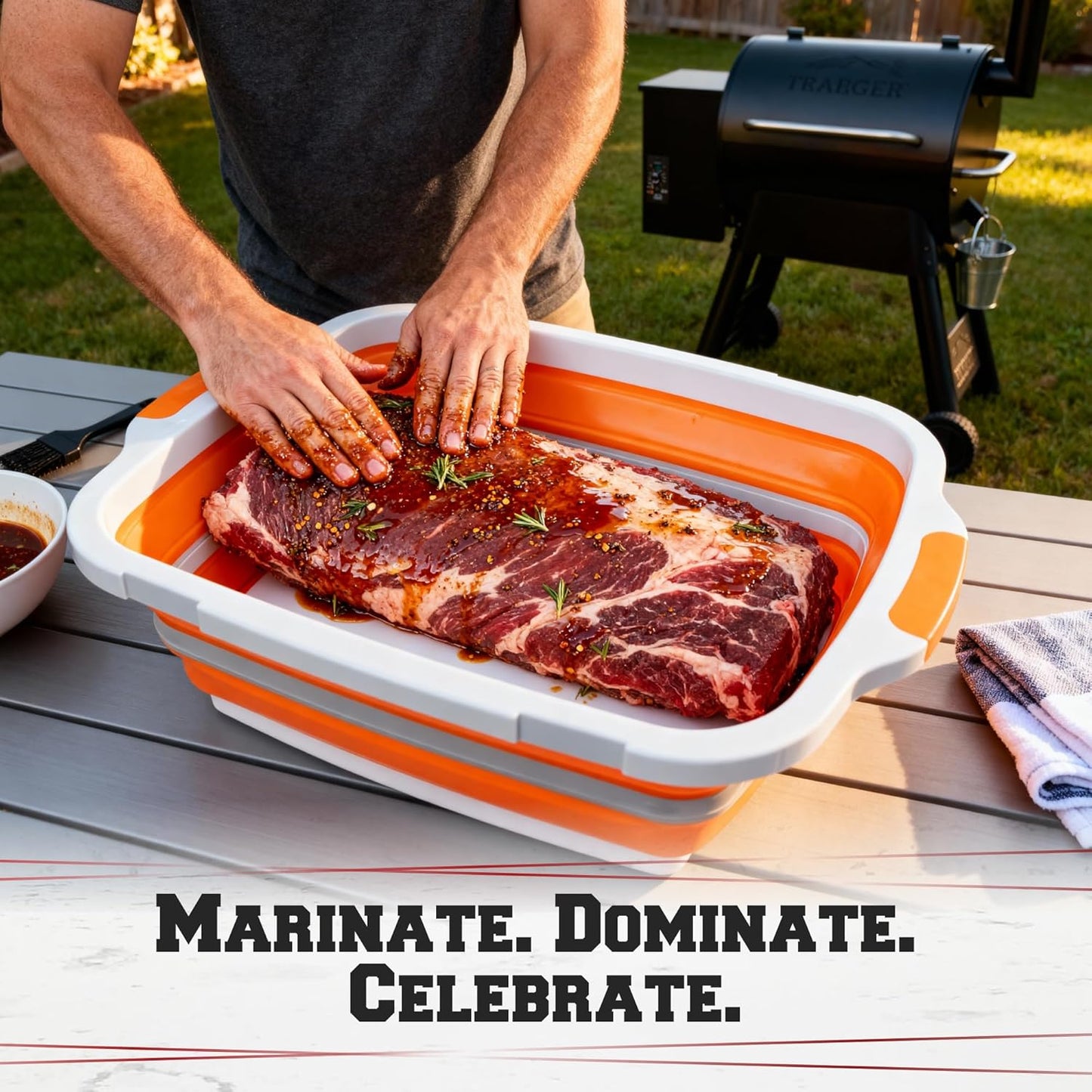 KITCHEN PERFECTION Collapsible XL Smoker & BBQ Prep Tub with Locking Lid & Cutting Board - Grill Caddy Container for Meat Marinating & Brine Perfect For Brisket, Turkey & Ribs - Best Gift For Men