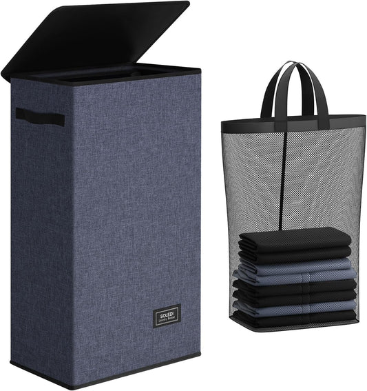 SOLEDI Slim Laundry Hamper with Lid, Narrow Laundry Basket with Removable Bags, Dirty Clothes Hamper with handle, Small Hamper perfect for Laundry room, Bathroom, Bedroom, Small spaces. 70L Navy Blue