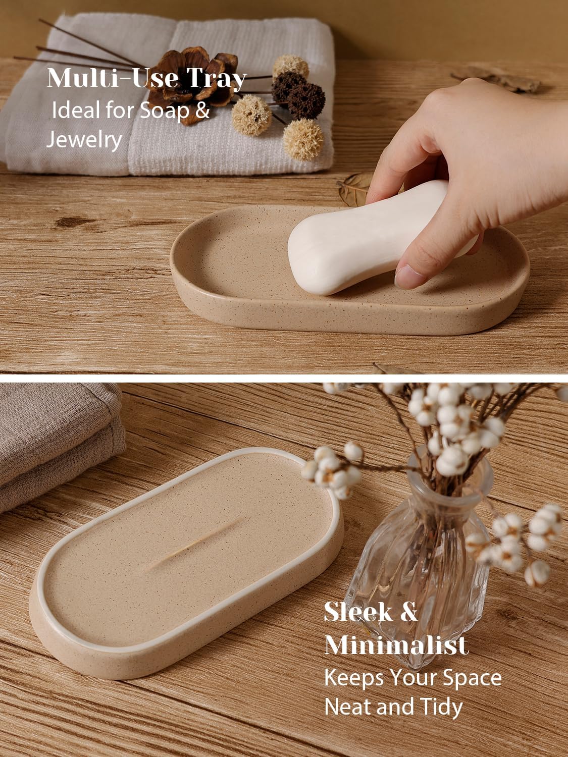 INGOFIN 3 Pcs Ceramic Bathroom Accessory Set - Liquid Soap Dispenser, Toothbrush Holder & Tray, Bathroom Counter Set, Countertop Essentials for Home, Guest Bathroom, or Office Use, Beige