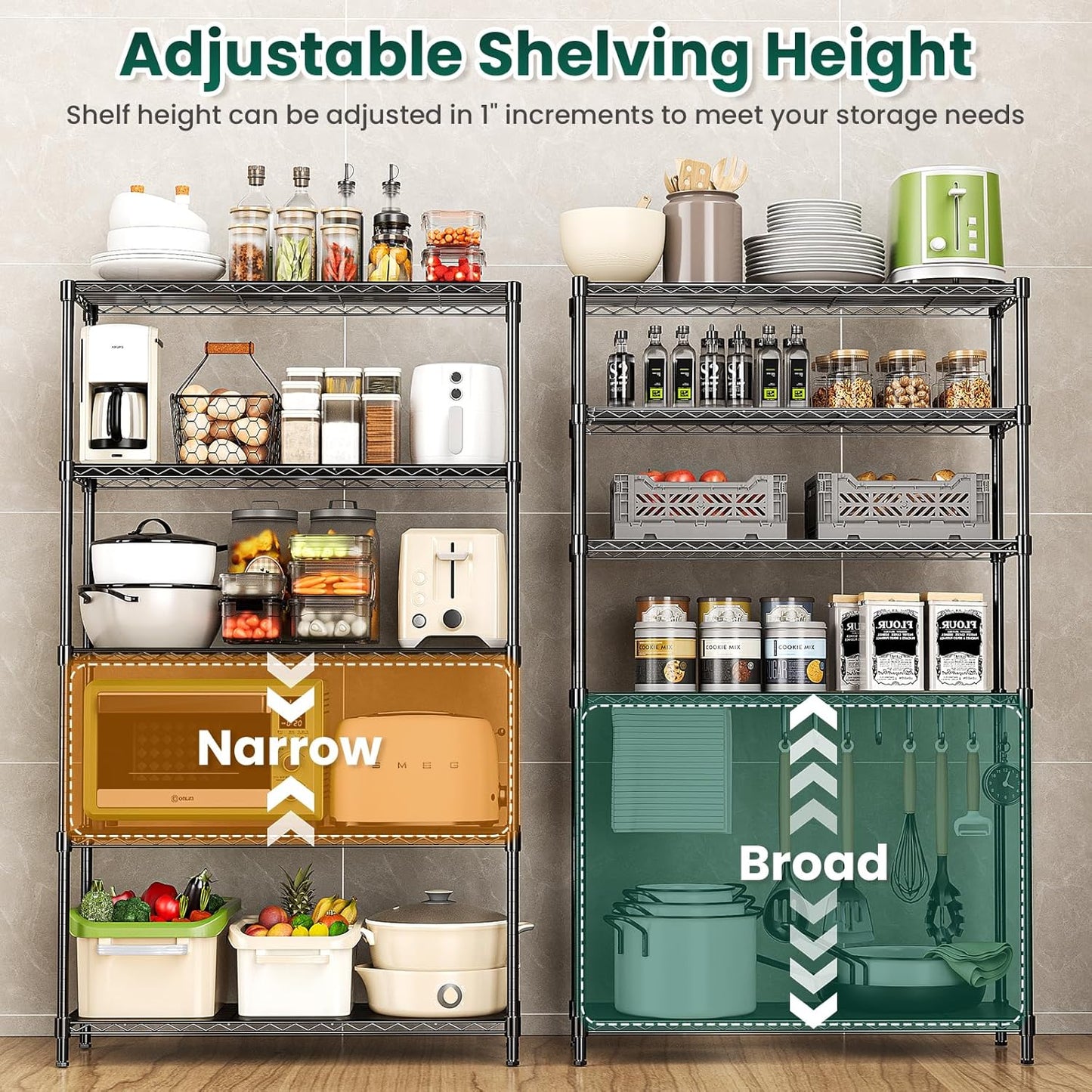 5-Tier Storage Shelves 72" H Wire Shelving with 5 Shelf Liners, 1325LBS Adjustable Metal Shelving, Heavy Duty Steel Wire Rack for Garage Commercial Pantry Kitchen, 36" W x 14" D x 72" H, Black