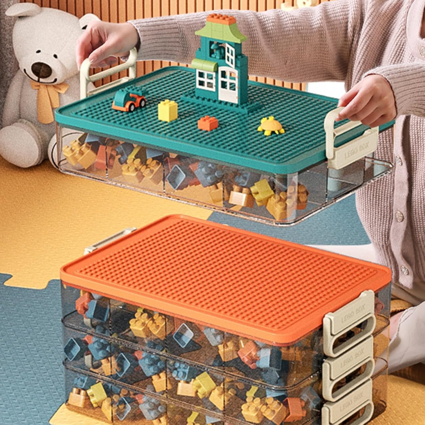 Toys Storage Organizer Bins for Lego, Stackable Toys Organizer, Lego Building Block Storage, Toy Storage Box with 24 Palace Grids, Plastic Stackable Organizer Bins (Green 2layers)