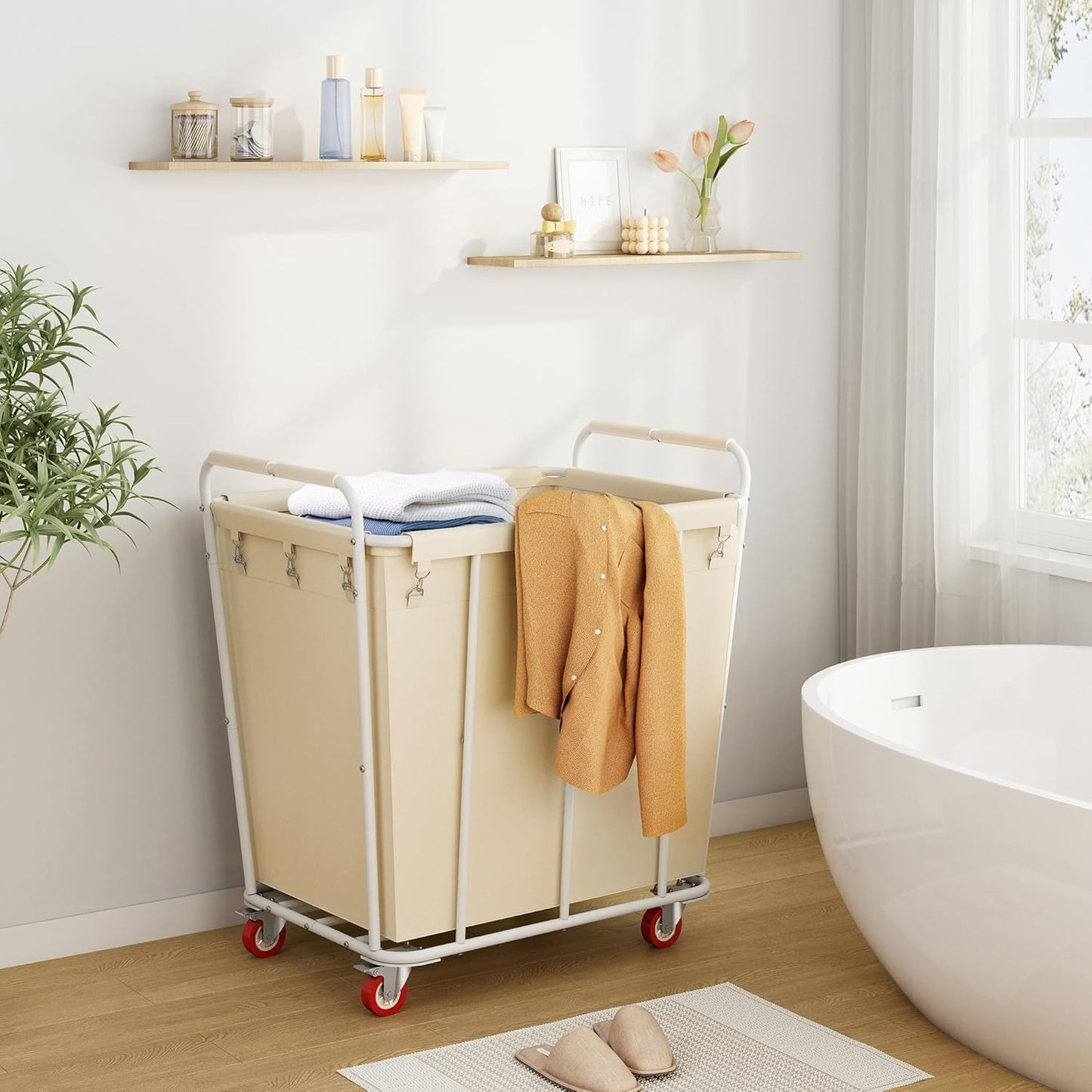 Hoctieon Large Laundry Cart with Wheels, 400L Heavy Duty Laundry Basket Organizer, Rolling Hamper Sorter for Clothes Storage, Industrial Dirty Clothes Hamper for Home & Hotel, Beige