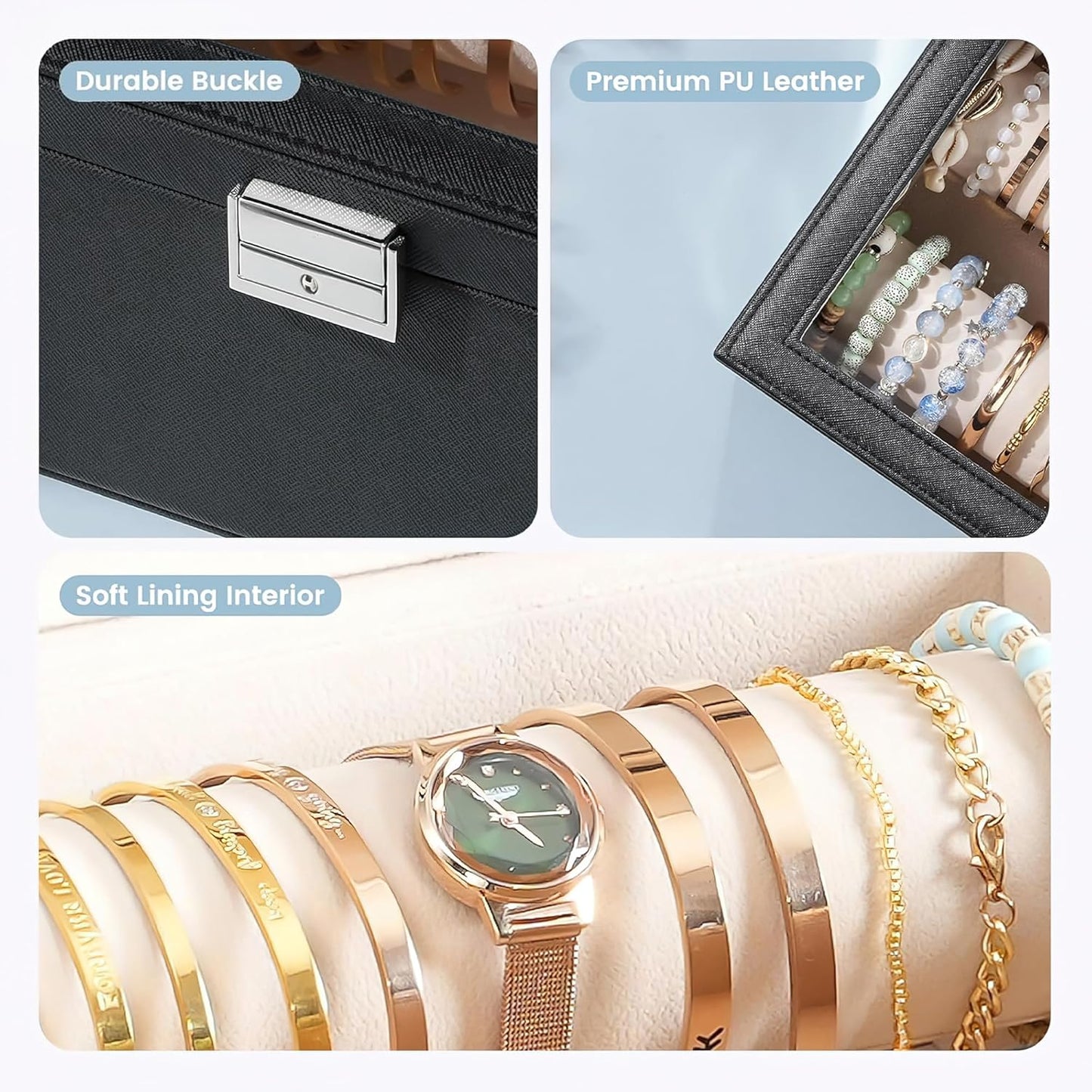 Delicate Jewelry Storage Box with Lock and Two Rolls Clear Lid Display Holder for Bracelet Watch Bangle Gift 10 * 7 * 3.7 Inches