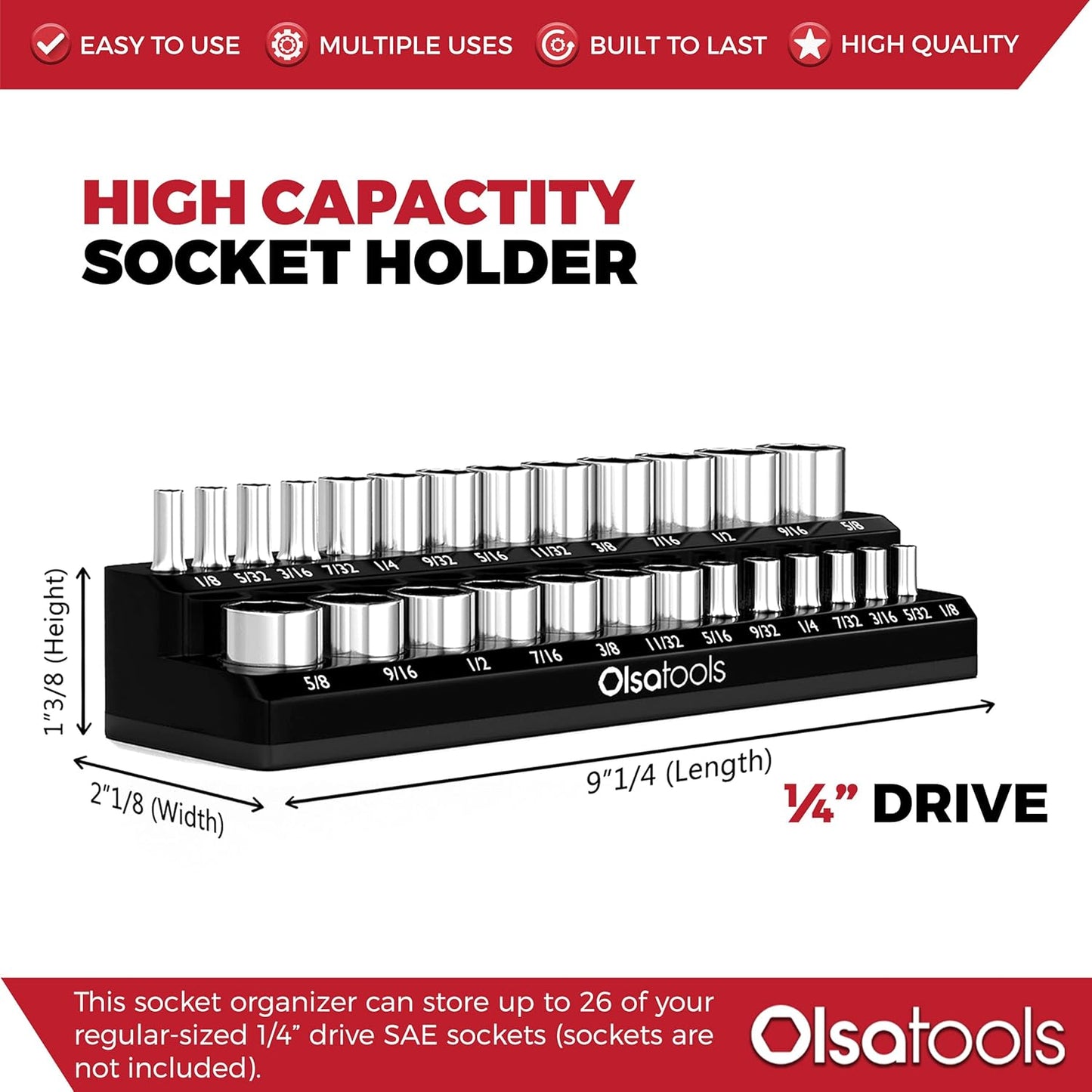 Olsa Tools Magnetic Socket Organizer | 1/4-Inch Drive | SAE | Black | Holds 26 Sockets | Professional Quality Tools Organizer
