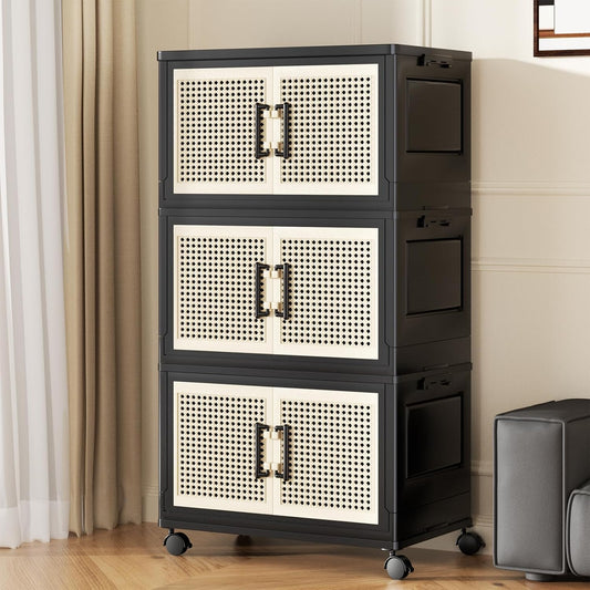 Stackable Storage Bins with Lids,Collapsible Plastic Storage Box Closet Organizers and Storage with Wheels and Magnetic Door for Home Office Dorm (3 Pack)