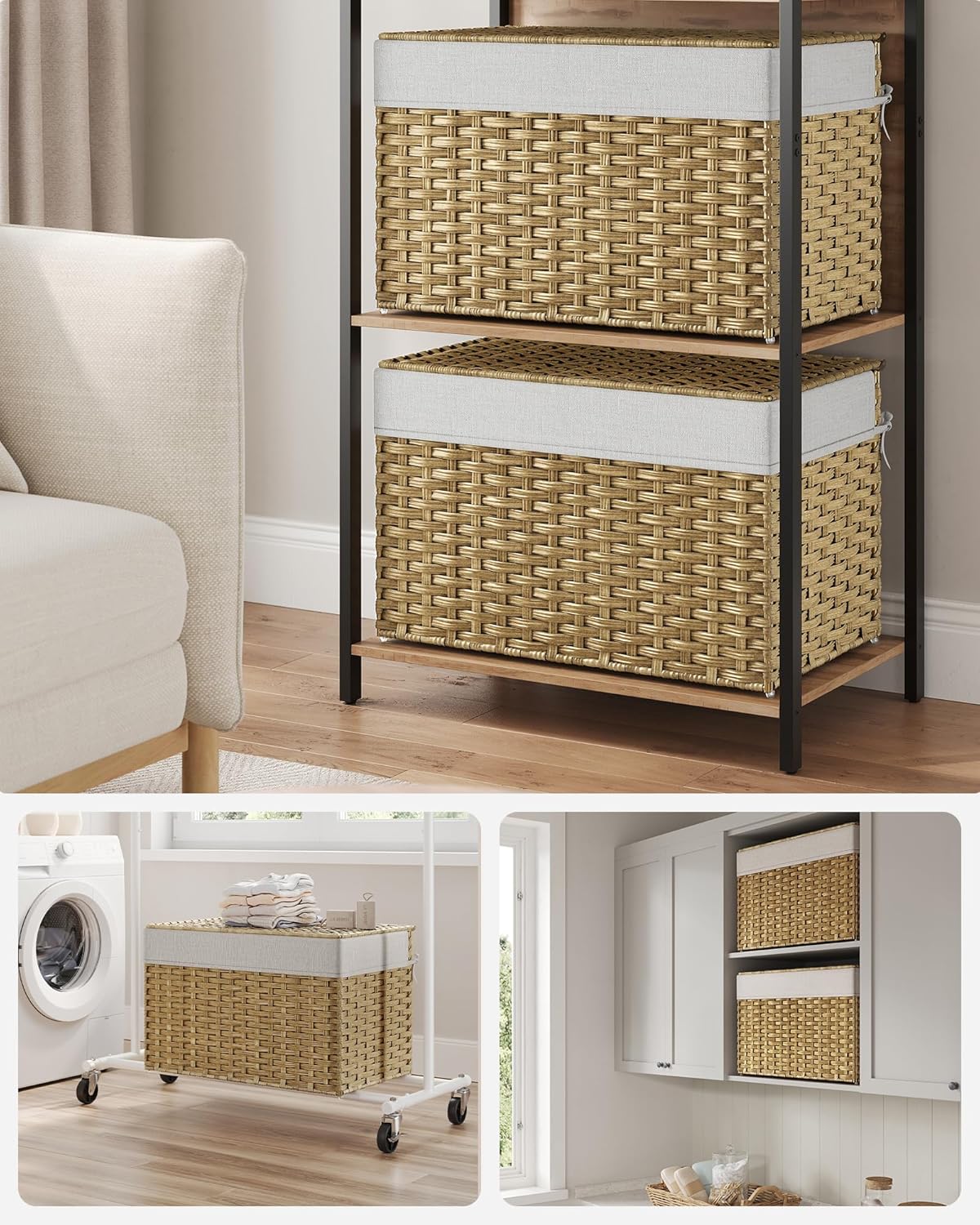 SONGMICS Storage Basket with Lid, Woven Blanket Storage Bin with Handles, Foldable, Removable Liner, Metal Frame, for Bedroom, Laundry Room, 27.7 Gallons (105 L), Natural URST066N01