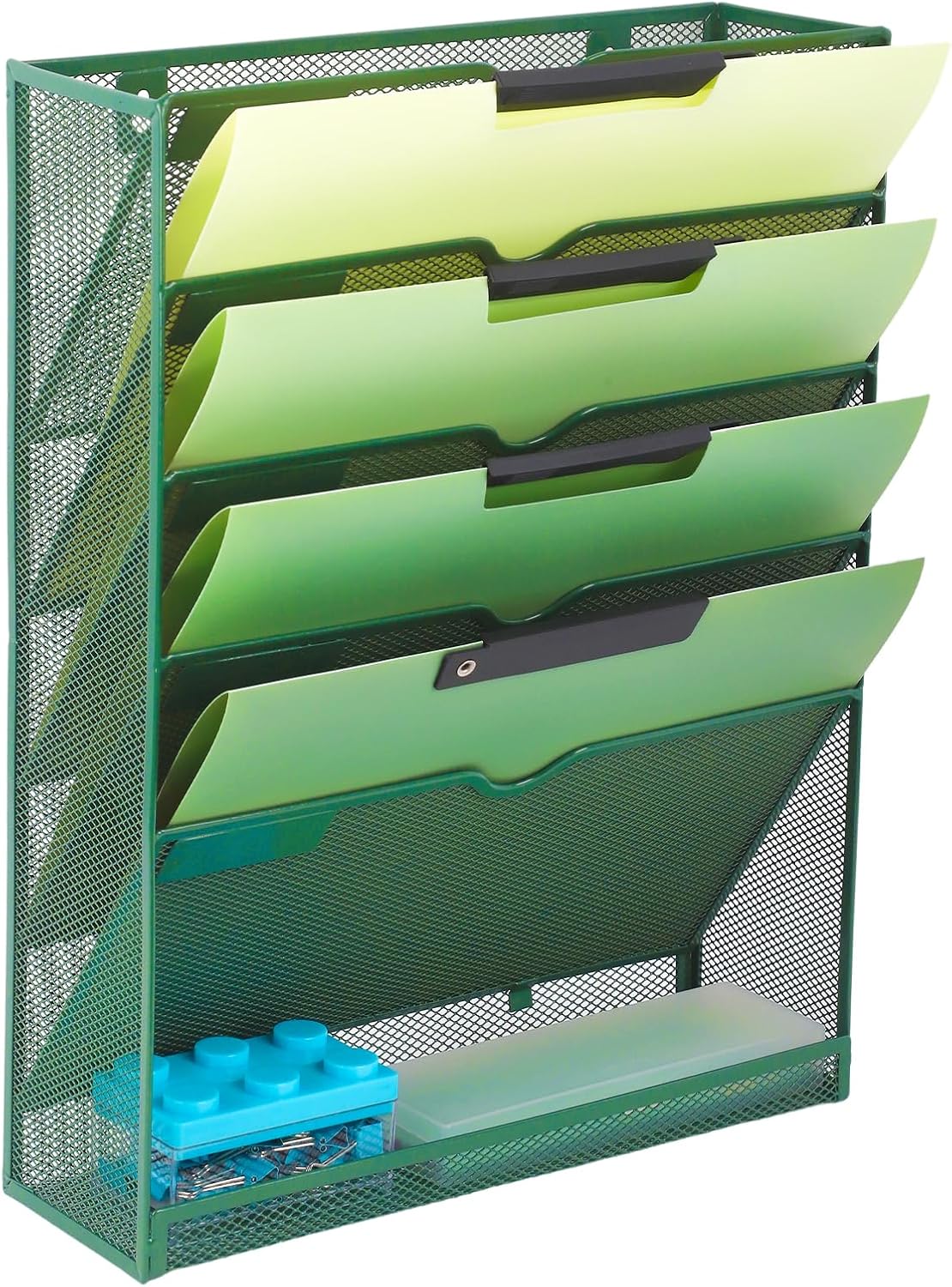 EASEPRES 6 Tier Desk File Organizer, Mesh Hanging Wall Mount Document Organization Stand, Desktop Vertical Mail Paper Folder Holder Rack with Bottom Tray for Office Cubicle, Sides Closed, Dark Green