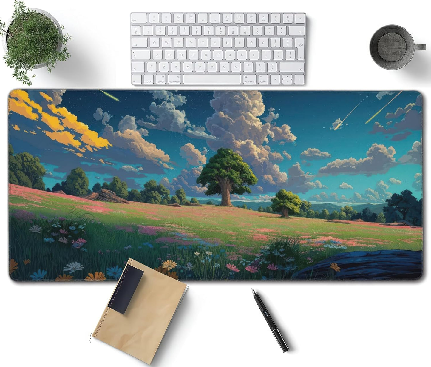 Anime Grass Flowers Blue Sky Large Mouse Pad, Vintage Aesthetic Gaming Desk Mat, XXL Keyboard Desk Pad Mat for Desktop, 35.4"x15.7" Non-Slip Base Big Mousepad with Stitched Edges