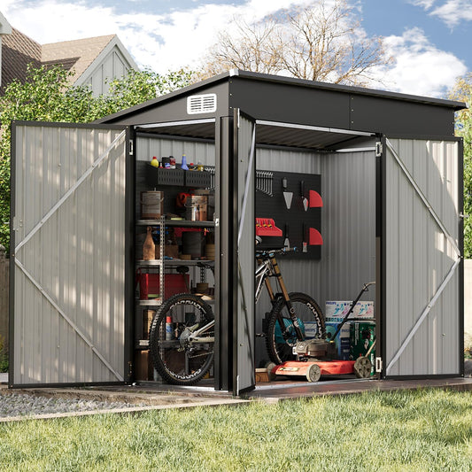 Aoxun 7.5'x4' Triple Door Shed Outdoor Storage Shed with Three Lockable Door for Easily Accessing Metal Storage Cabinet with Slopping Roof for Tools Bicycles Storage for Garden, Backyards (Black)