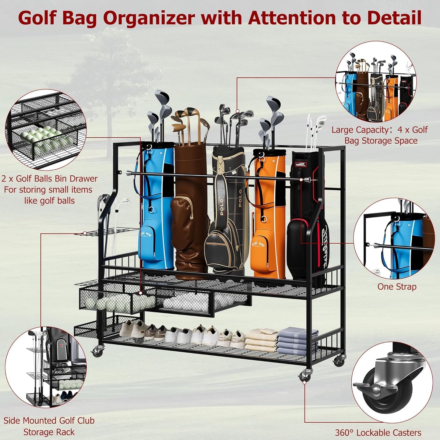 Garvee 4-5 Bags Stand Golf Organizer Rack with Wheels-Large Golf Bag Storage Organizer for Garage,Golfs Club and Home