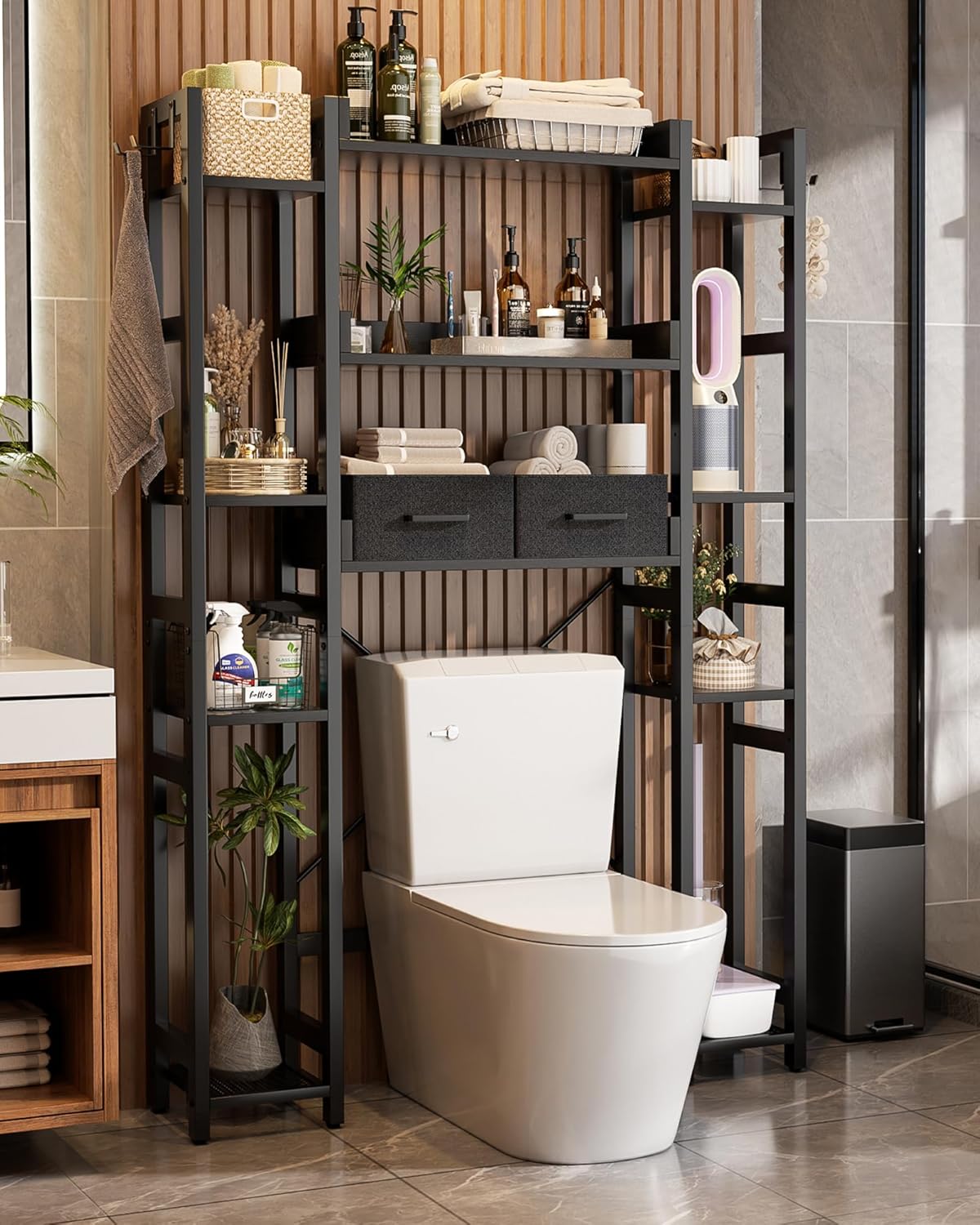 Over The Toilet Storage with 2 Drawers - 11 Tier Bathroom Organizer Freestanding Space Saver Storage Rack with Adjustable Shelf Above Toilet Stand with 4 Hooks for Restroom, Laundry, Black