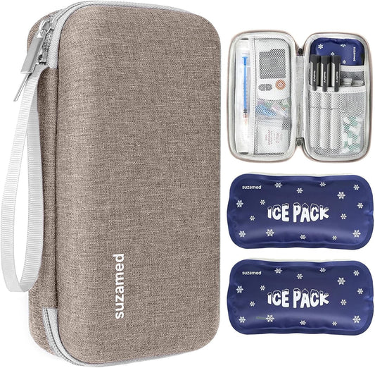 Insulin Cooler Travel Case,EVA Insulation Travel Medicine Kit with 2 Ice Packs for Diabetes Care,Insulin Pen and Other Diabetic Supplies (Brown)