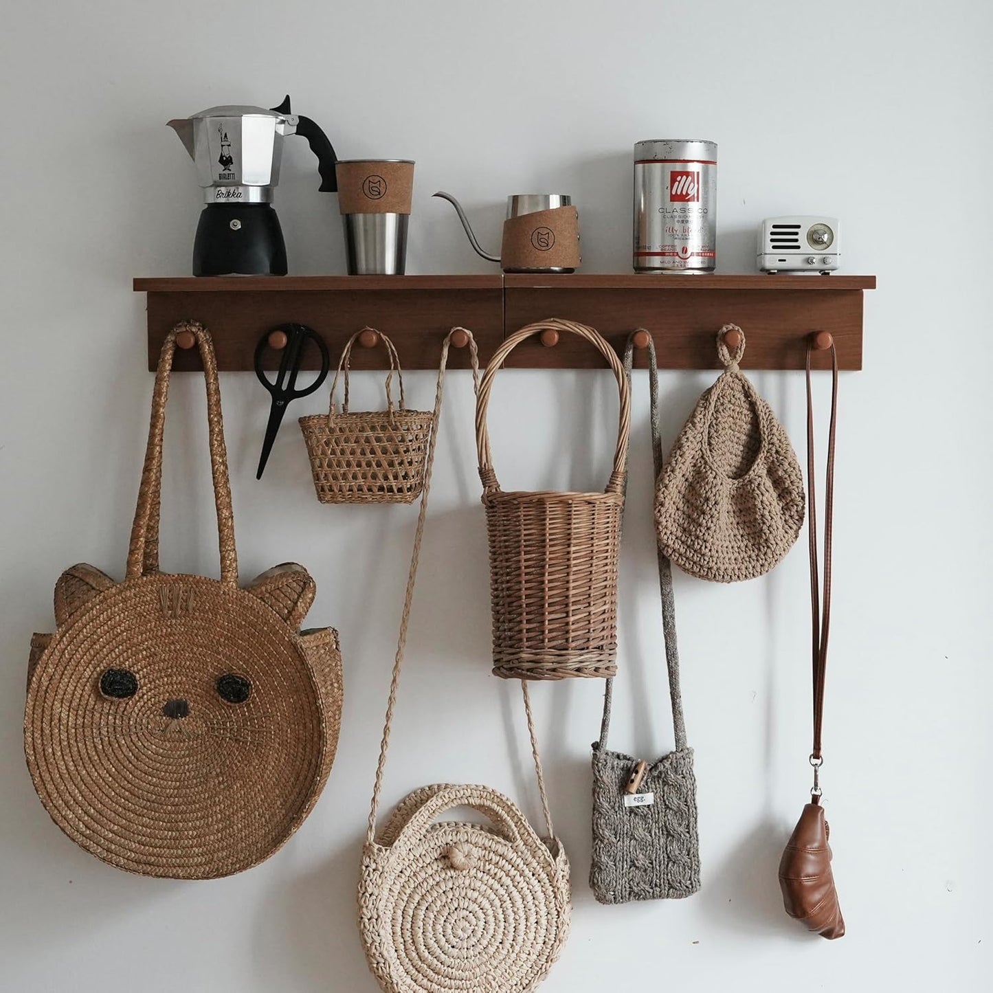 Entrance Coat Rack ，Coat Hooks, Wall-Mounted Wooden Hook Rack, Wall-Mounted Shelves are Very Suitable (2PC-Teak Colored Veneer)