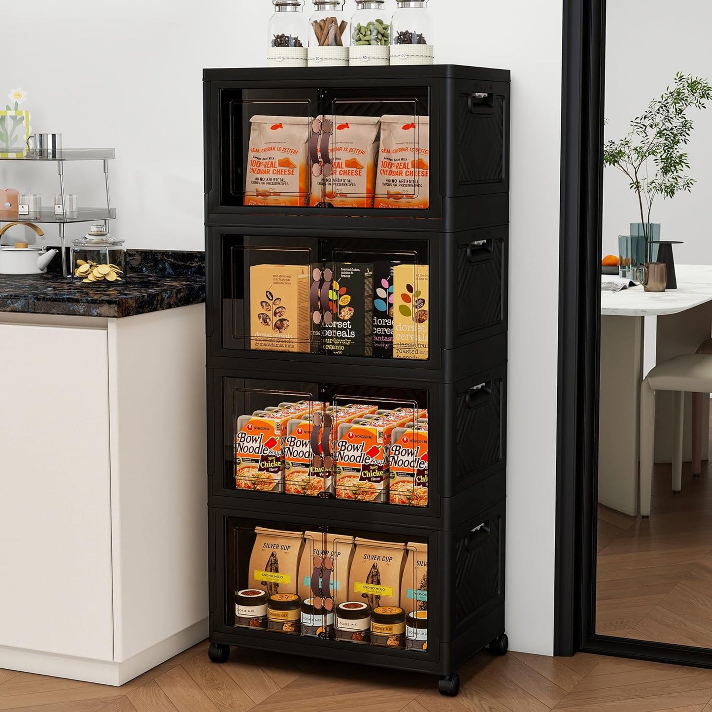 Storage Bins with Lids and Wheels, Collapsible Bathroom Storage Cabinet with Clear Doors, Plastic Stackable Closet Organizers and Storage Containers Black 398 QT