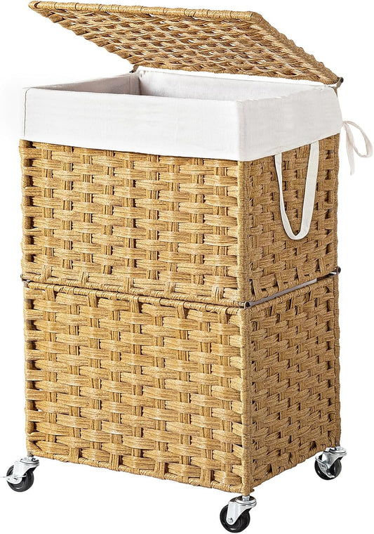 Chrislley 90L Slim Laundry Hamper with Wheels, Rolling Laundry Basket with Lid and Renovable Liner Bag, Handwoven Rattan Organizer for bedroom, bathroom, laundry room (Yellow)