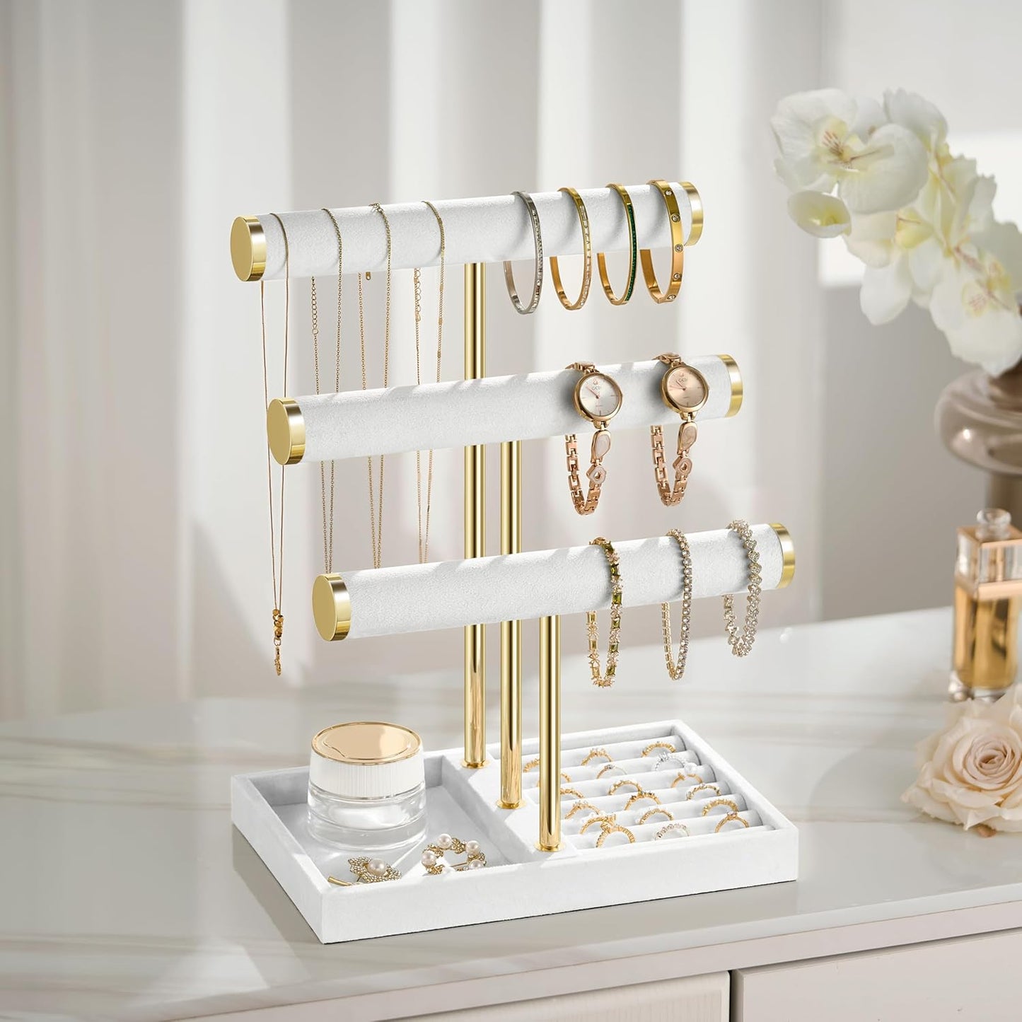3 Tier Bracelet Holder Display - Detachable T Bar White Velvet Bracelet Holder, Jewelry Holder Organizer for Bracelet, Necklace, Watches, Rings