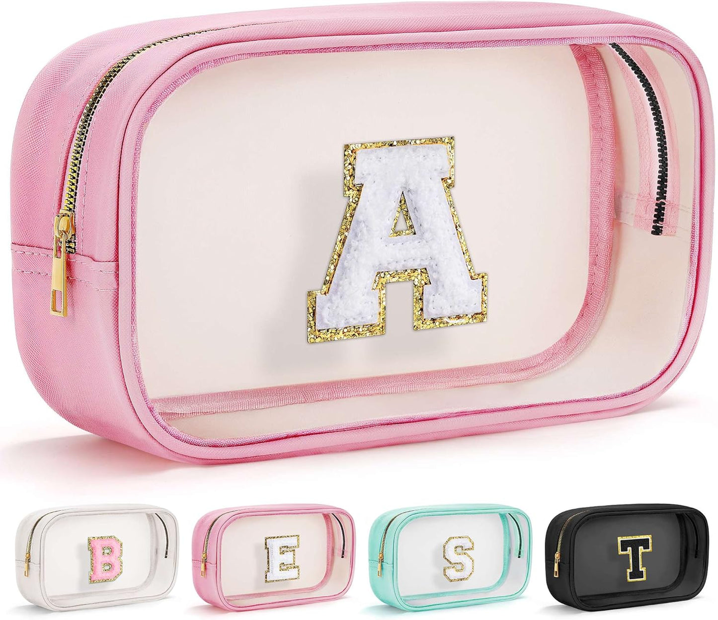 YOOLIFE Christmas Gifts For Teenage Girls Stocking Stuffers For Teen Girls Teacher Gifts Initial Clear Makeup Bag Birthday Gift Travel Toiletry Cosmetic Bags Birthday Gift Travel Essentials Pink A