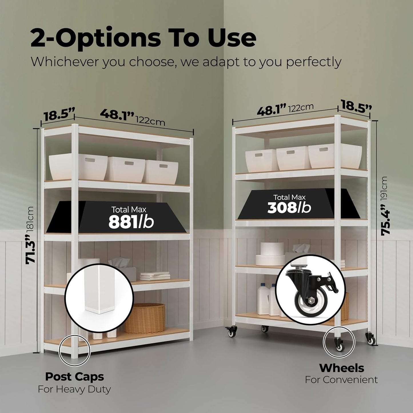 HOMEDANT House White 5-Tier Metal Boltless Rolling Cart Shelf Rack Casters Heavy Duty Wheel Shelving Unit Adjustable Storage Shelves Organizer Shelf Kitchen Garage 48.1" W x 18.5" D x 75.4" H 3Pack