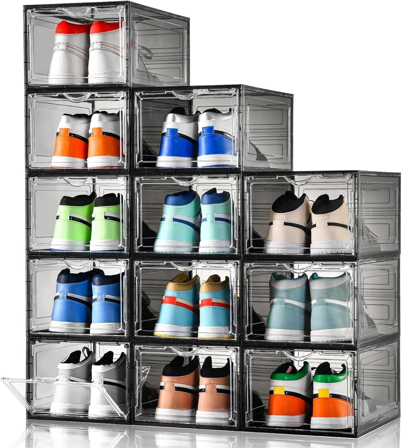 Clemate Upgraded X-Large Shoe Storage Box,12 Pack,Shoe Box Clear Plastic Stackable,Drop Front Shoe Box with Clear Door,Shoe Organizer Containers For Sneaker Display,Fit up to US Size13, Ashy