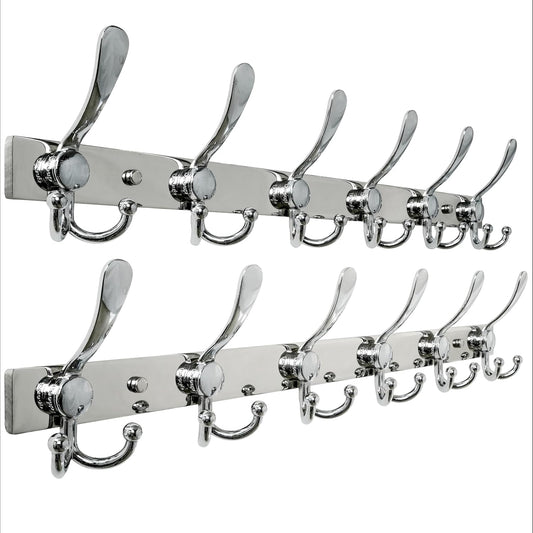 Dseap Coat Rack Wall Mount 2.0 Pro: 24” Long, 3X Tougher, Heavy Duty Stainless Steel Wall Coat Hanger with 6 Tri Hooks for Clothes Jackets Hats Entryway Closet, Chromed, Pack of 2