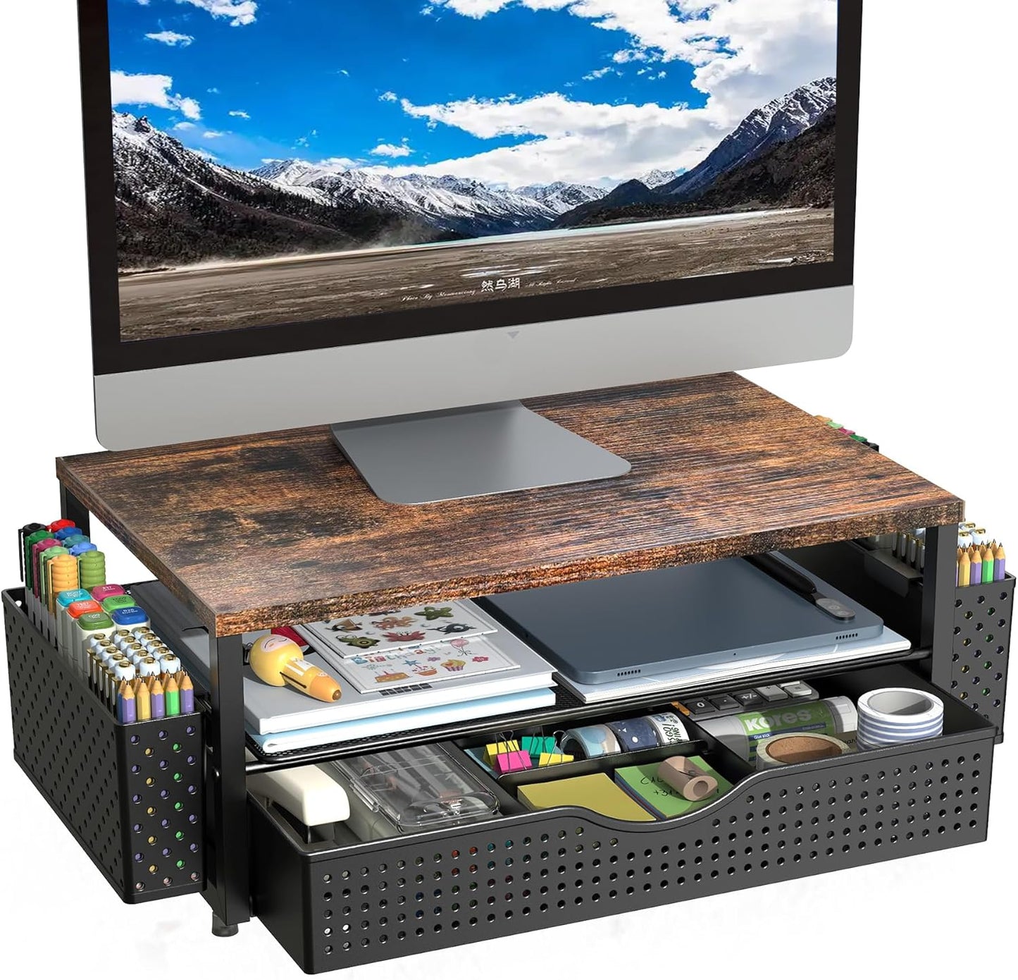 Spacrea Desk Organizer and Accessories, Computer Monitor Stand Riser with Drawer and 2 Pen Holders, Office Desk Accessories & Workspace Organizers for Office Supplies (Wood)