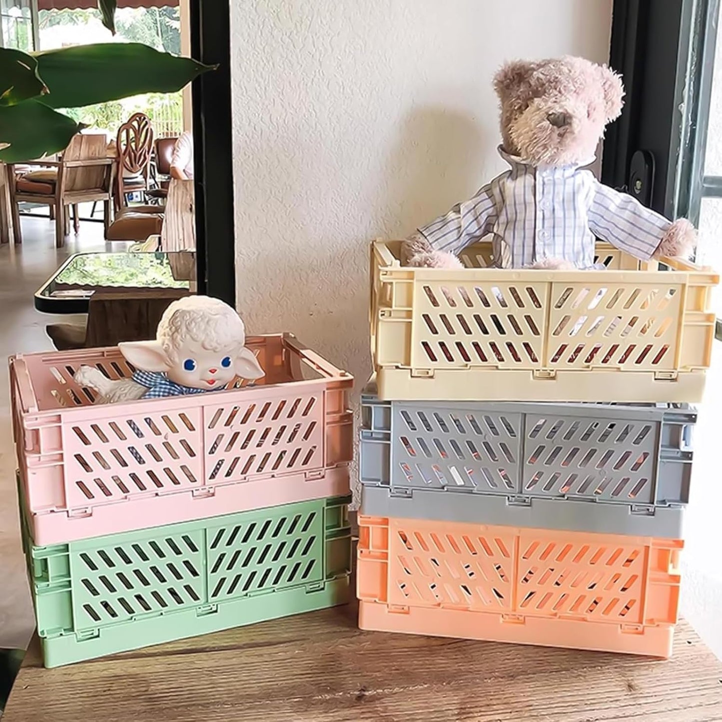 Small Pastel Plastic Storage Bins 2Pcs Foldable Pastel Crates Plastic Basket Colorful Storage Containers Baskets for Classroom Kitchen Office Bedroom Desktop Home Decor (Yellow 9.8" x 6.5" x 3.8")