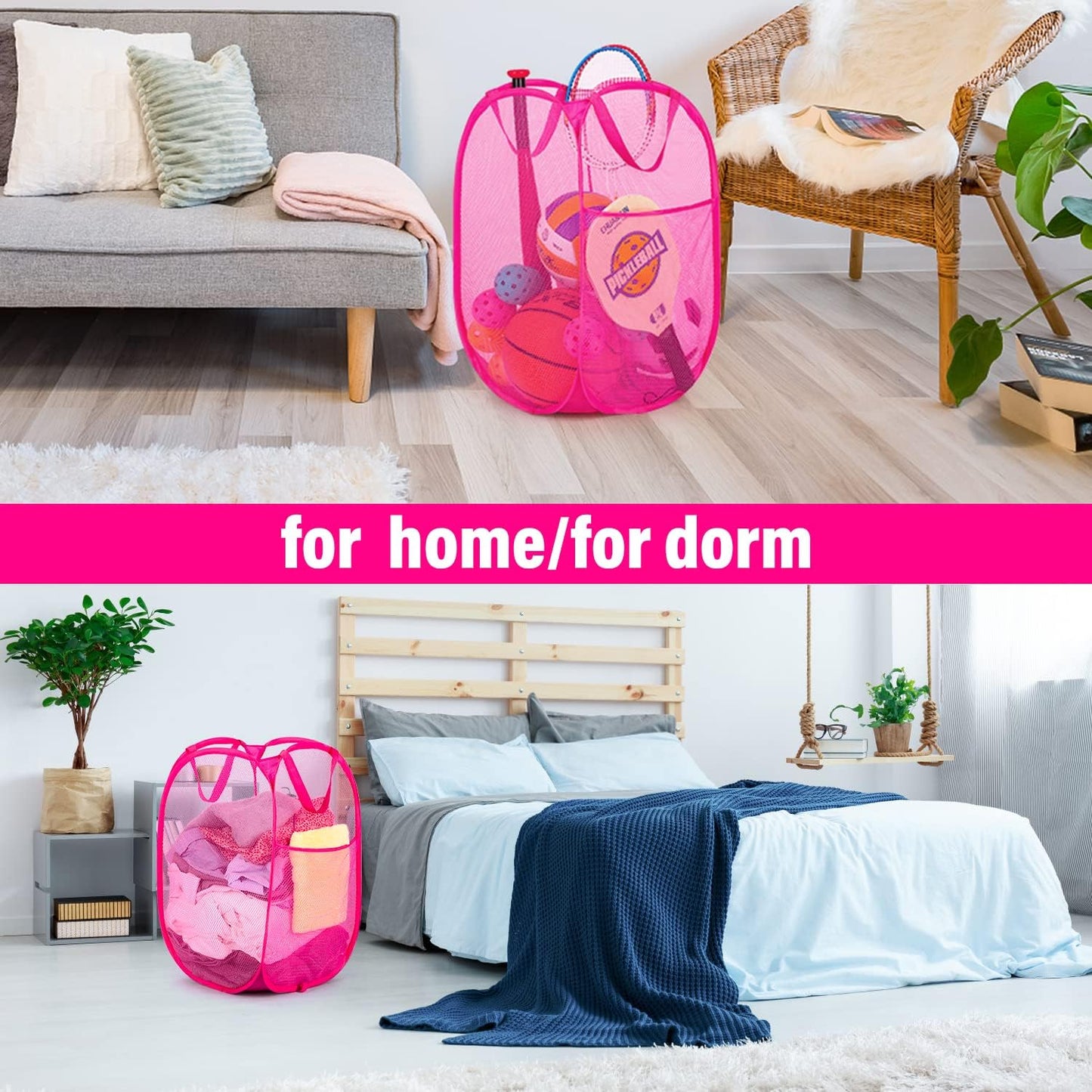 BATTOO Deluxe Strong Mesh Pop up Laundry Hamper Basket with Side Pocket for Laundry Room, Bathroom, Kids Room, College Dorm or Travel 2 Pack Blush