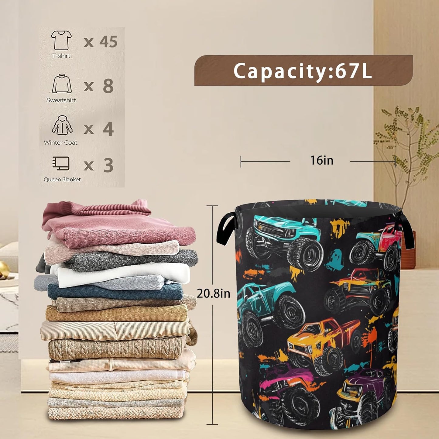 Laundry Hamper,Abstract Truck Laundry Basket,Waterproof Oxford Cloth Storage Basket with Handle for Clothes Books Nursery Home Storage Sundries 16"x20"