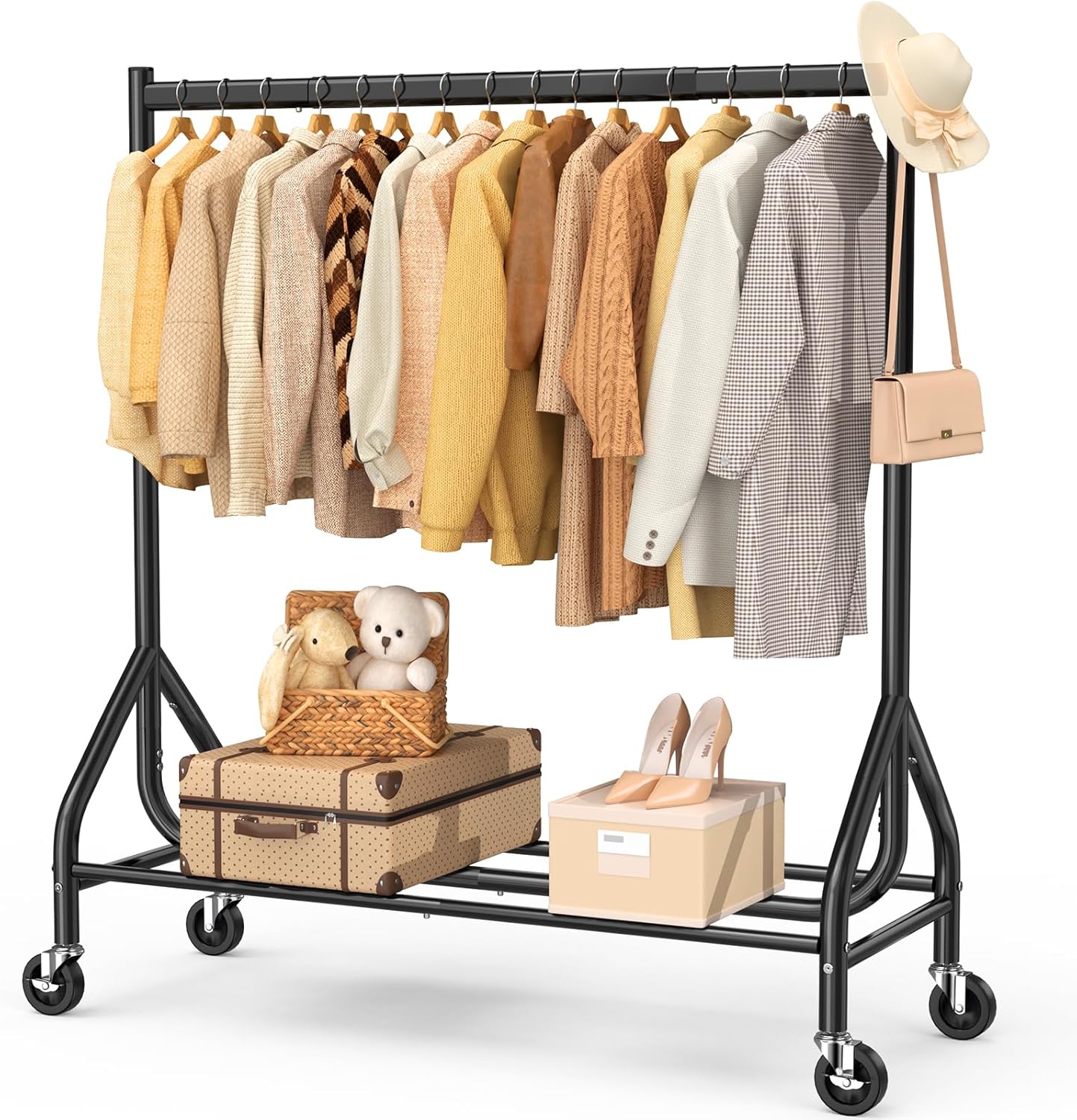 EAGMAK Heavy Duty Clothes Rack Load 420 LBS, 47.2" Long Rolling Garment Rack with Lockable Wheels, Standing Metal Clothing Hanger, Portable Wardrobe Sturdy Coat Organizer for Hanging Clothes (Black)