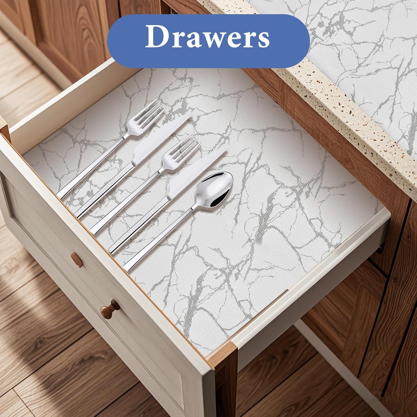 Drawer and Shelf Liner for Kitchen Cabinet: 17 in X 30 Ft Non Slip Waterproof Shelf Paper Non Adhesive Refrigerator Liners Silver Marble Easy Liners for Bathroom with Knife Tape Measure