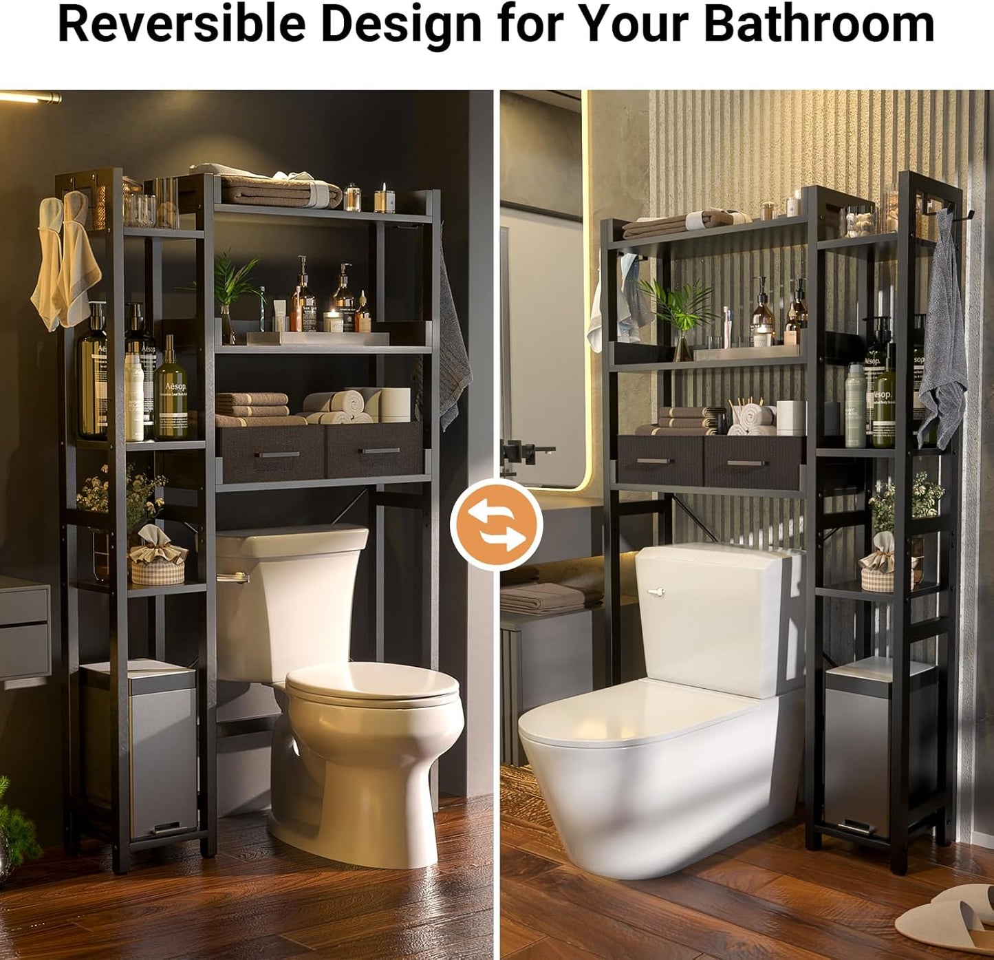 Over The Toilet Storage with 2 Drawers - 7 Tier Bathroom Organizer with Adjustable Shelf, Freestanding Space Saver Storage Rack Above Toilet Stand with 4 Hooks for Restroom, Laundry, Black