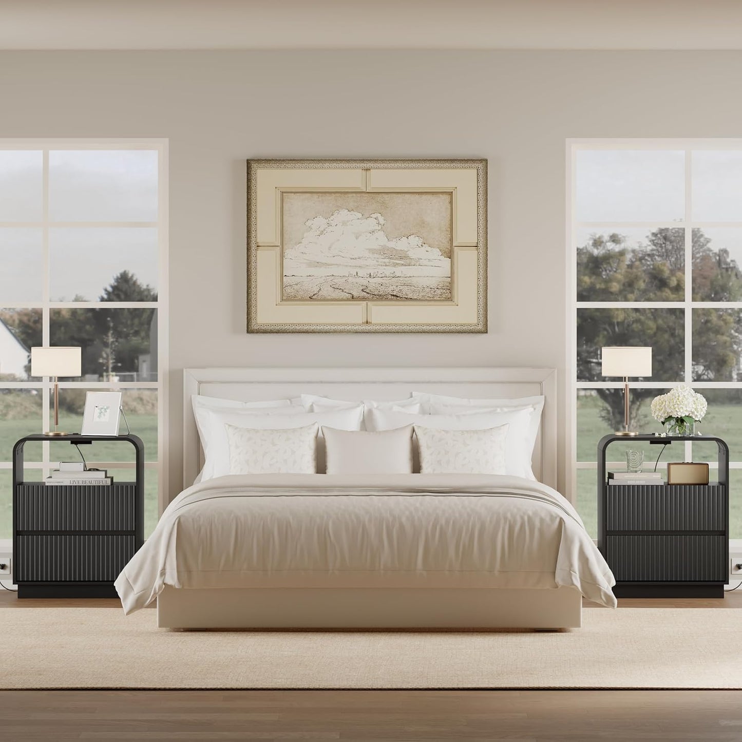 Black Nightstands Set of 2 with Charging Station, Mid Century Modern End Tables & Bedside Tables, Fluted Wood Small Night Stands with 2 Hidden Drawers and Storage Shelf for Bedroom