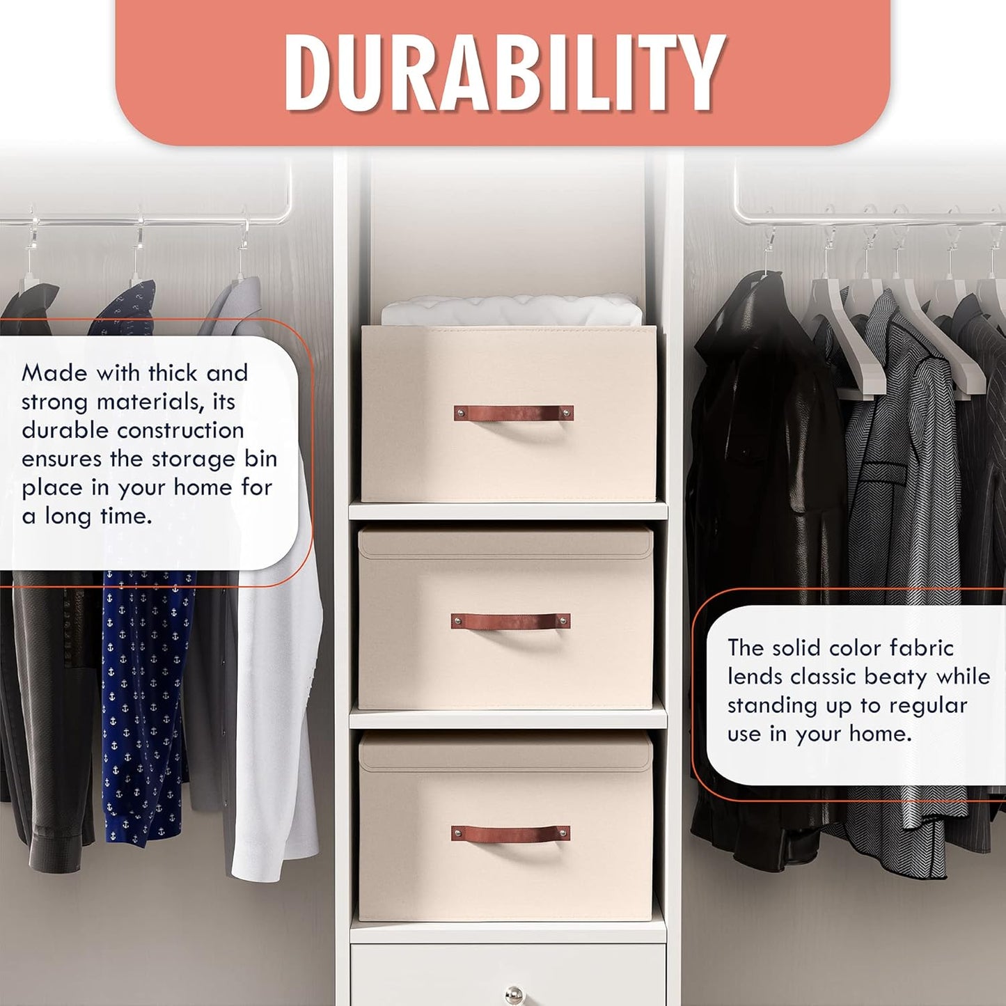 Ornavo Home 3 Pack Collapsible Storage Bins with Lid, Foldable Linen Fabric Shelf Storage Basket Closet Organizer and Large Storage Box for Clothes with Leather Handles, 16.5 x 11.8 x 7.5, Beige