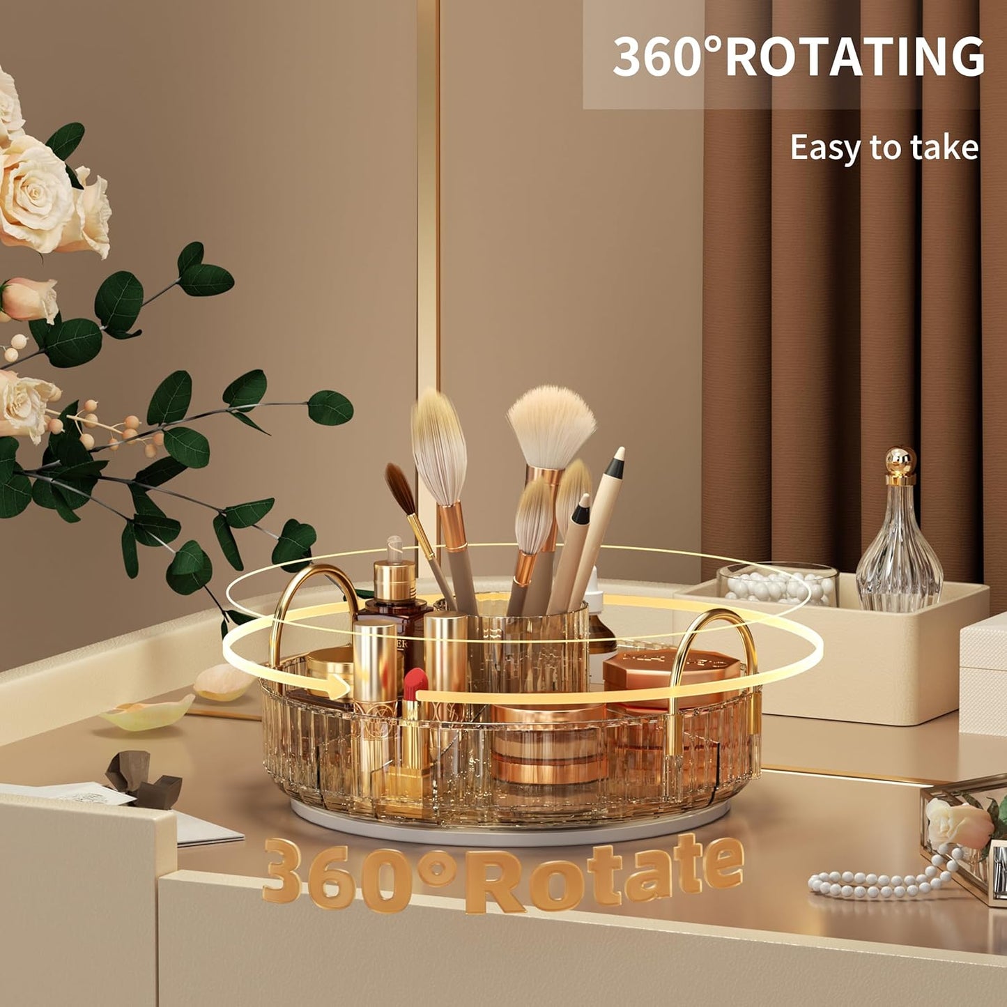 YCIA&DONE Rotating Makeup Organizer for Vanity, Large Capacity Make Up Storage Skin care Shelf Perfume Holders Cosmetic Dresser Organizer Countertop Spinning 360 (Amber Gold, 1Tier)