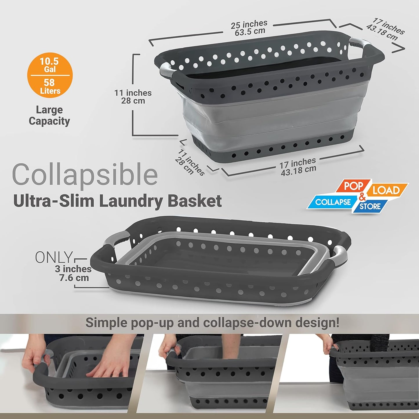 Pop & Load Collapse & Store 1 Large 25" Slim Collapsible Plastic Laundry Basket, Space Saving Portable Pop Up Storage & Organization Basket, 3" High When Folded, Dual Comfort Grip Handles, Black