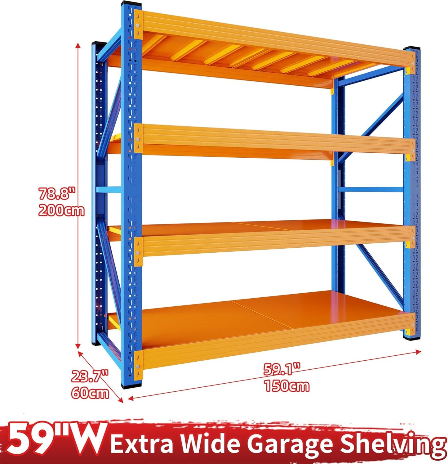 5000LBS Heavy Duty Garage Shelving 59" W Garage Storage Shelves 4-Tier Metal Adjustable Shelf Unit Storage Rack for Basement Supermarket Warehouse 59" W x 24" D x 78" H Blue-Orange