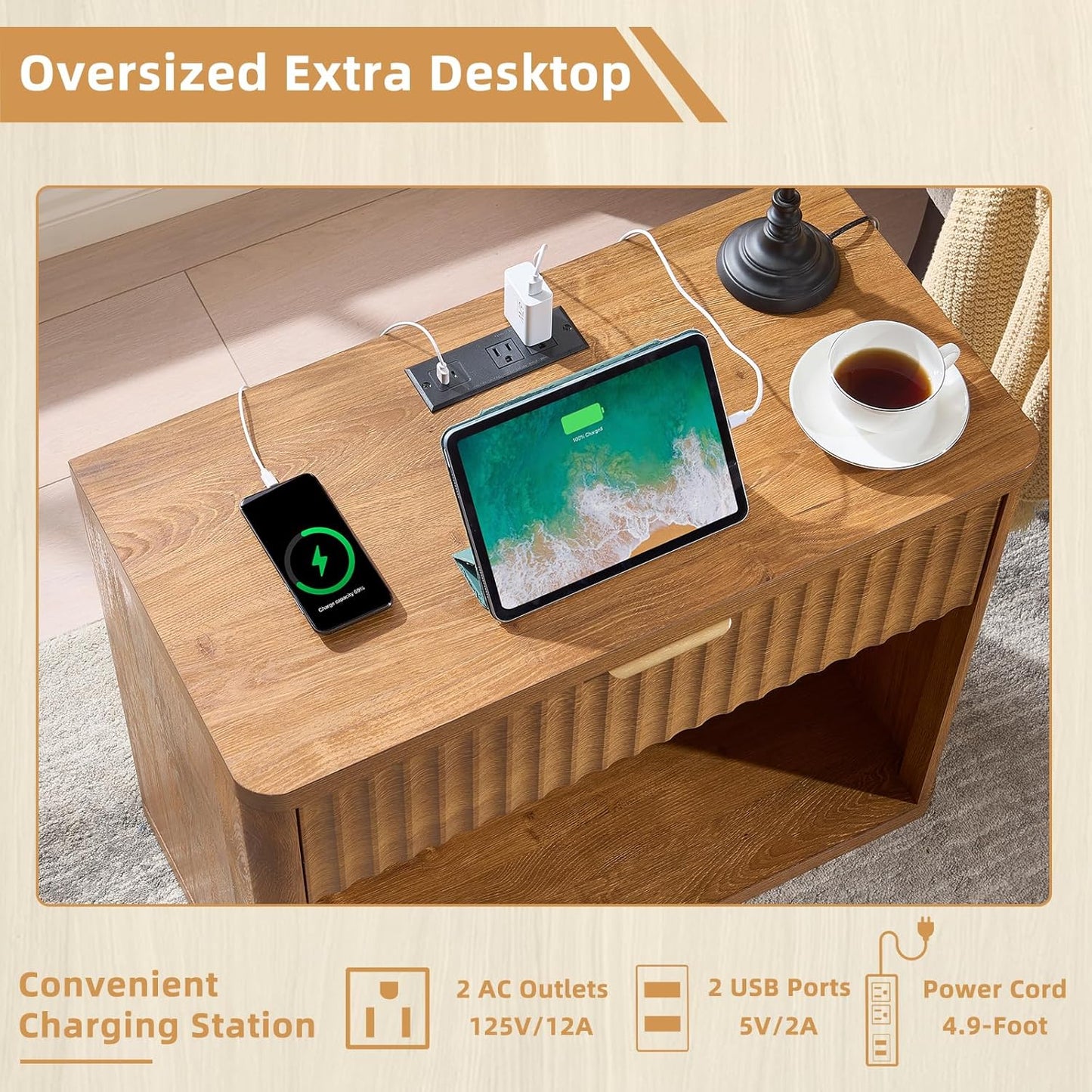 LEYAOYAO 31" Wide Fluted Nightstand Set of 2 with Charging Station, Oversized Extra Large 1 Drawer Night Stand with Golden Handle, Brown Wood Bedside Table Tall End Tables,for Bedroom, Living Room