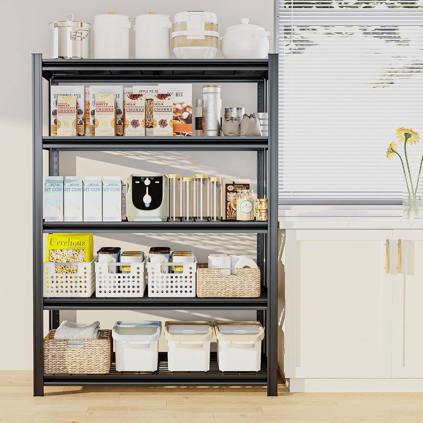 55.12" W Father&I 5-Shelf Industrial Adjustable Heavy-Dudy Tall Metal Garage Storage Shelves Shelving Units/Steel Wire Rack System (Commercial) for Basement/Shop, 84" H*55.12" W*24" D*, Black