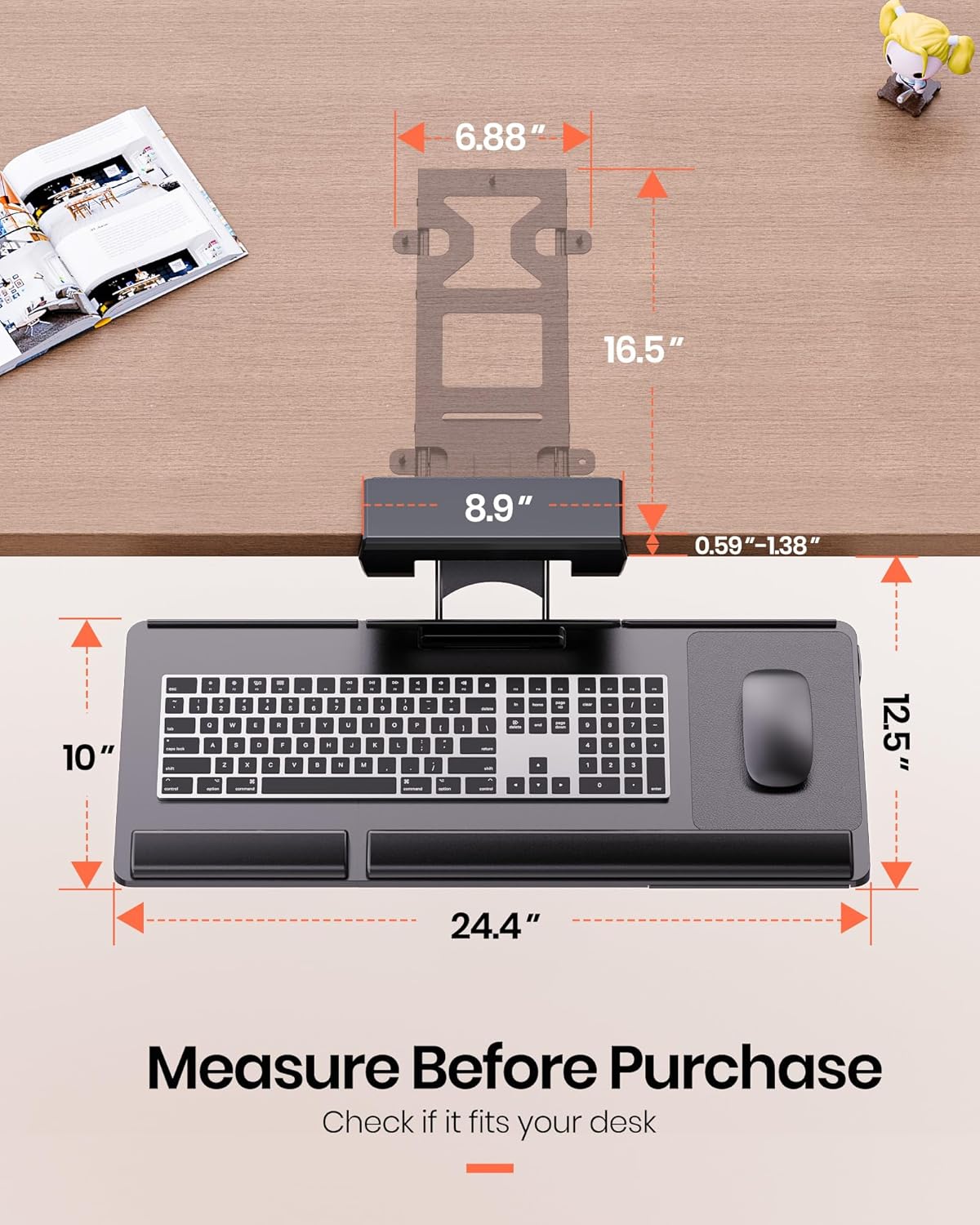 Klearlook Upgraded Ergonomic Keyboard Tray Under Desk, Adjustable Sliding Keyboard Platform Holder, Keyboard Stand with Wrist Rest & Storage Drawer for Home, Office and Gaming, 24.4"x10"