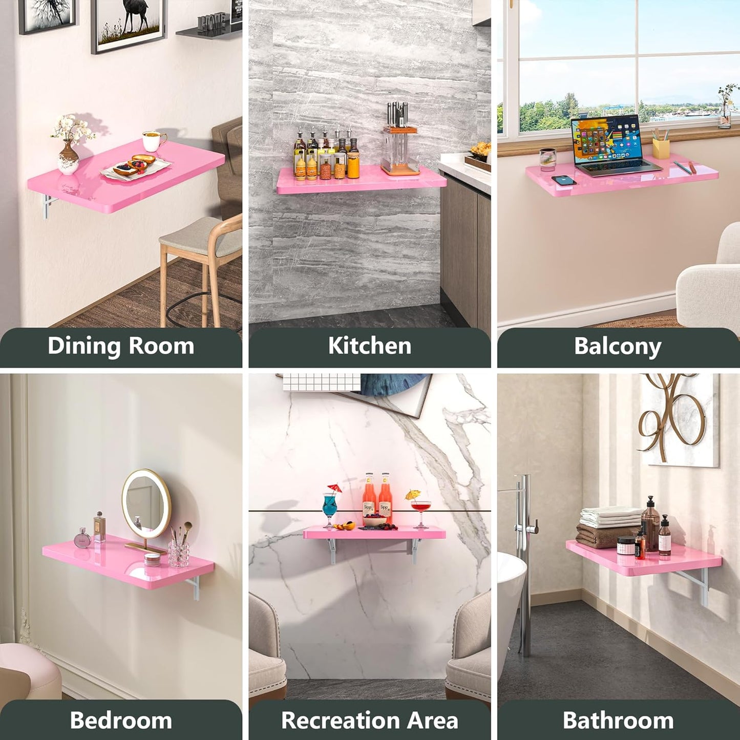 Clikuutory Pink Wall Mounted High Gloss Folding Table, Wall Desk Fold Down for Small Spaces, Folding Workbench for Laundry Room, Home Office, Kitchen, Bedroom, Home Bar (23.6"×15.7")
