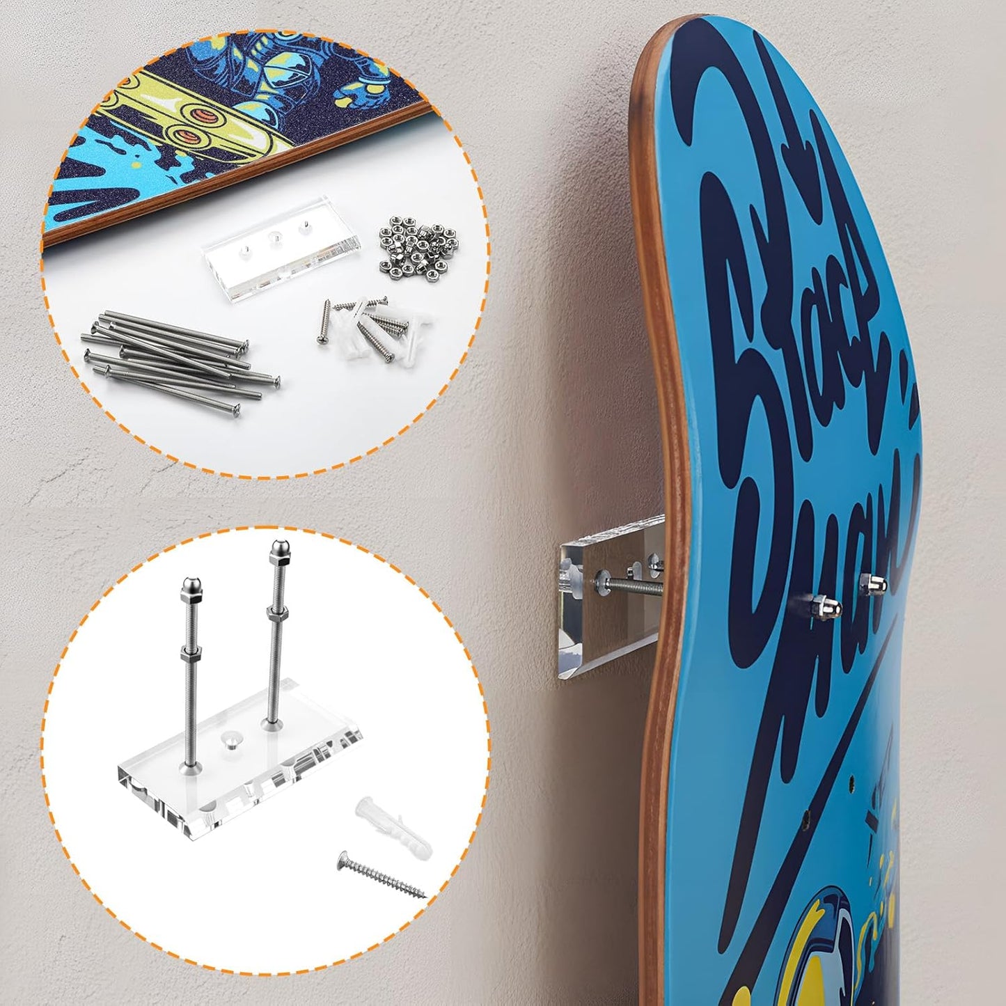 6 Pcs Skateboard Wall Mount Clear Acrylic Floating Skateboard Hanger for Skate Board Deck Display Storage with Installation Screws