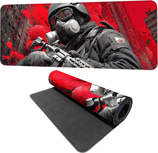 Tactical Soldier Gaming Mouse Pad – 31.5" x 11.8" Extended Desk Mat with Red Urban Battle Scene – Non-Slip Base, Smooth Surface for Gamers & Office Use
