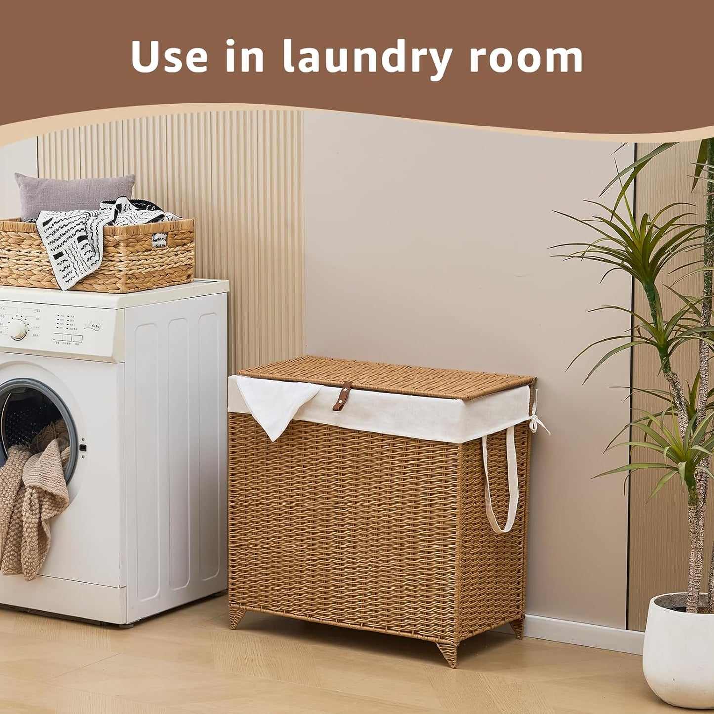 Laundry Hamper with Lid and Removable Liner Bag, Handwoven Rattan Clothes Hamper with Heightened Feet, Wicker Laundry Basket for Clothes and Towels，Large, 2-sections